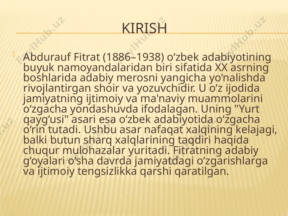 ajakka tayyorlash, uni o‘zligini anglash va mustaqillikka erishish yo‘lida kurashga chaqirgan. fitratning asari, milliy mustaqillik g‘oyasini ilgari surgan va xalqni birlashtirishning zarurligini ko‘rsatgan. shu bilan birga, asar o‘sha davrning siyosiy o‘zgarishlari va xohish-istaklarining ifodasi bo‘lgan. xulosa abdurauf fitratning "yurt qayg‘usi" asari, o‘zbek adabiyotida yirik voqea hisoblanadi. ushbu asar, jamiyatdagi ijtimoiy muammolarni, milliy erkinlik va mustaqillikni, xalqning kelajagi uchun kurash zaruratini bayon qilgan badiiy asar sifatida ahamiyatlidir. fitratning bu asari milliy g‘oyani rivojlantirishdagi yirik hissasining bir ko‘rinishidir va bugungi kunda ham o‘zining dolzarbligini saqlab qolgan. "yurt qayg‘usi" asari o‘zining ma'naviy va siyosiy mazmuni bilan milliy ongni uyg‘otishda muhim o‘rin tutadi. foydalanilgan manbalar: fitrat, a. (1992). yurt qayg‘usi (kitob). toshkent: "fan" nashriyoti. azizov, b. (2006). abdurauf fitrat: hayoti va ijodi. toshkent: o‘zbekiston. mahmudov, a. (1995). o‘zbek adabiyoti tarixi. toshkent: "o‘qituvchi". image3.jpeg image4.png /docprops/thumbnail.jpeg