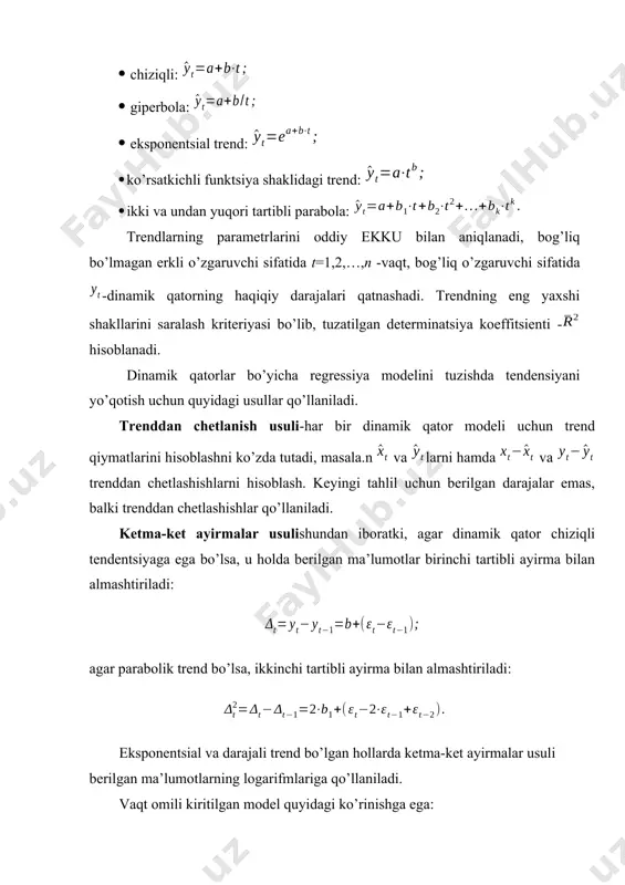 uchun korrelyatsiya indeksi : bu erda , , tuzilgan modellar sifatini baholash approksimatsiyaning o’rtacha xatoligini hamda determinatsiya keffitsienti qo’llab amalga oshiriladi. approksimatsiyaning o’rtacha xatoligi – natijaviy belgini hisoblangan qiymatlariniyu haqiqiy qiymatlaridan o’rtacha og’ishi: ning mumkin bo’lgan qiymatlari 10 %dan katta bo’lmasligi kerak. regressiyatenglamasining sifatini baholashningf-test –.usuli. bu usulda regressiya tenglamasi va bog’lanish zichligi ko’rsatkichini statistik ma’nodor emasligi haqidagi h0 gipotezani tekshirishdan iborat. buning uchun haqiqiy(fhaq) va fisher f-kriteriyasining tablitsa(fjadv) qiymatlari taqqoslanadi. fhaq quyidagicha topiladi: bu erda n-kuzatuvlarsoni, m-erklio’zgaruvchilar soni. fjadv –berilgan erkinlik darajasi va α ma’nodorlik darajasida tasodifiy faktorlar ta’sirida kriteriyaning bo’lishi mumkin bo’lgan eng katta(maksimal) qiymati. α –ma’nodorlik darajasi, bu y teng bo’lgan qiymatda to’g’ri gipotezani inkor etish ehtimolligi. odatda α 0,05 yoki 0,01ga teng deb olinadi. agar shart bajarilsa baholanayotgan regressiya tenglamasida omillarning tasodifiyligi haqidagi h0 gipoteza rad etiladi hamda regressiya statistik ma’noga egaligi va ishonchliligi tan olinadi. agar shart o’rinli bo’lsa h0 gipoteza rad etilmaydi va regressiya …