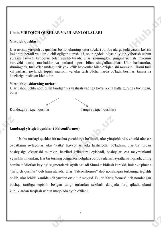 gi yirtqich qushlar ( strigiformes ) qushlarning bu guruhi tun va zulmat bilan ajoyib muvozanat va aloqani olishga undaydigan rejim va turmush tarzini rivojlantirish bilan tavsiflanadi. boyqushlar deb nomlanuvchi qattiq qushlar tasnifiga kiruvchi hayvonlar, shuningdek, titonidae tasnifiga kiruvchi tungi qush bo'lgan boyqushlar kabi.ular tunning cheksizligida tunni o'tkazish uchun ajoyib aloqa va mamnuniyatga ega. morfologiyasiga kelsak, bu qushlar qisqa va oval tumshug'iga ega, bu ularga ov qilishda katta epchillikka, o'ljasini ovlashda butunlay chaqqon bo'lishga imkon beradi. har qanday harakatga kelganda, bu qushlar juda sezgir.. 2 bob. o‘zbekistonda uchraydigan kunduzgi tungi yirtqich qushlar o’zbekistonda kunduzgi yirtqich qushlardan quydagilar uchraydi burgut — (lotincha nomi - aquila chrysaetos) (1 -rasm ) — yirtqichlar turkumining qirgʻiylar oilasiga mansub qush. burgut yirik, chaqqon va kuchli. tanasining uz. 95 sm gacha. qanoti 62—72 sm, yoyganda 2 m ga yetadi. orqa oyogʻi barmogʻidagi tirnogʻining 4,2 sm dan uzunroq boʻlishi oʻziga xos belgilaridandir.burgutlarning ko'zlari juda kuchli. ko'zlari inson ko'zidan …