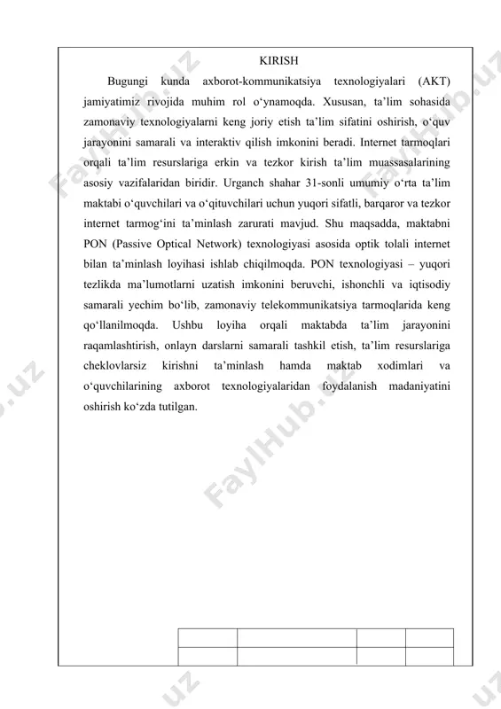 hi qadamlar 1995 yilga to`g`ri keladi. usha yili yettita kompaniya a`zolari (british telecom, france telecom, deutsche telecom, ntt, kpn, telefonisa va telecom italia) dan tashkil topgan salmoqli guruh bitta optik tola orqali ko`p ulanishli tarmoq hosil qilishni hayotga tadbiq etish uchun konsorsium tashkil etishdi. itu-t tomonidan qo`llab quvvatlangan ushbu jamlanma fsan (full service access network) deb nomlandi. 90-yillar oxirida bu jamlanmaga operatorlar va qurilmani ishlab chiqaruvchilardan tashkil topgan ko`plab yangi a`zolar qo`shilishdi. fsan maqsadi pon ulanish tizimi raqobat bozorida qurilmani ishlab chiqaruvchilar va operatorlar birgalikda ishlay olishi uchun pon qurilmalariga umumiy tavsiyanomalar va talablir ishlab chiqarishdan iborat edi. hozirga kelib fsan tarkibida 40 dan ortiq operatorlar va qurilma ishlab chiqaruvchilar mavjud va bu jamlanma itu-t, etsi va atm forum kabi standartlashtiruvchi tashkilotlar bilan birgalikda faoliyat ko`rsatmoqda. pon – passiv optik tarmoqlar texnologiyasi. pon taqsimlash tarmog`i uzellarda passiv optik ajratgichlar qo`llaniladigan daraxtsimon optik tolali-kabelli arxitekturaga asoslangan, bu esa ma`lumotni keng oraliqda …