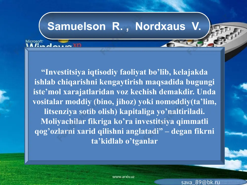 ditlar kapital qo‘yilmalarning umumiy hajmida 11,4 foizni tashkil etdi va 2007 yilning i чорагига nisbatan 1,4 punktga ortdi. www.arxiv.uz joriy yilning yanvar-martida investitsiyalarning asosiy qismi iqtisodiyotning bazaviy tarmoqlarini (sanoat, transport, aloqa) rivojlantirishga yo‘naltirildi, bu ishlab chiqarish sohasiga yo‘naltirilgan investitsiyalarning 72,6 foizgacha o‘sishiga zamin yaratdi. o‘tgan yilning shu davrida bu ko‘rsatkich 61,0 foizni tashkil etgan edi (2-jadval). mazkur tarmoqlarning rivojlanishi mamlakatning iqtisodiy mustaqilligi va xavfsizligini ta’minlash bilan birga ishlab chiqarish infrastrukturasining shakllanishini tezlashtirishga xizmat qiladi. asosiy kapitalga investitsiyalarning iqtisodiyot tarmoqlari bo‘yicha taqsimlanishi (% ) 07/i 08/i jami 100 100 ishlab chiqarish sohasi 61,0 72,6 sanoat 23,0 27,7 qishloq xo‘jaligi 2,5 1,9 qurilish 1,1 0,9 transport va aloqa 27,6 30,5 savdo va umumiy ovqatlanish 2,2 1,5 boshqa sohalar 4,6 10,2 ijtimoiy soha 39,0 27,4 manba: o‘zbekiston respublikasi davlat statistika qo‘mitasi www.arxiv.uz yoqilg‘i sanoatiga kiritilgan investitsion resurslarning ulushi sanoat rivojiga yo‘naltirilgan jami kapital mablag‘larning 59,6 foizini tashkil qildi. qurilish materiallari sanoatiga yo‘naltirilgan investitsiyalar …
