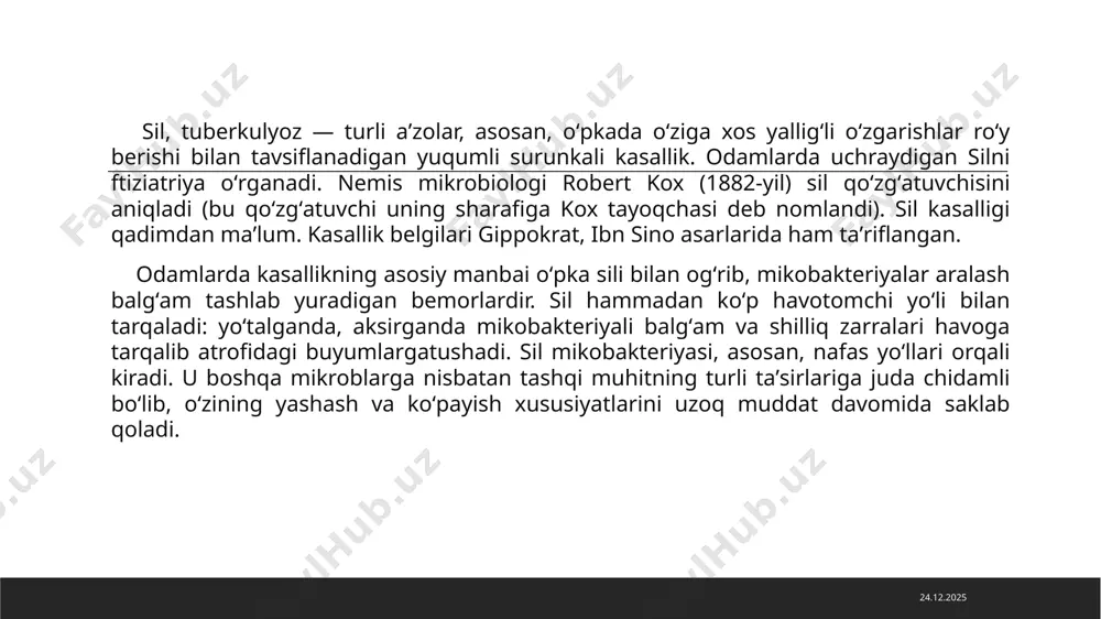 kis ovqatlanish, iloji boricha ochiq havoda boʻlish, xonani botbot shamollatib turish lozim. sil bilan ogʻrigan bemorlarni kasallikning ilk bosqichlarida aniqlash maqsadida aholini ommaviy tekshirish, yaʼni flyuorografiya tekshiruvidan (kamida 2 yilda 1 marta) oʻtkazish ijobiy natija beradi. sil ni bolalarda barvaqt aniklash uchun bolalar poliklinikalarida, bogʻchalarida, maktablarda tuberkulin sinamasi oʻtkaziladi. oʻzbekistonda barcha yangi tugʻilgan chaqaloqlar vrachning moneligi boʻlmasa, silga qarshi vaksinatsiya qilinadi; vaqtvaqti bilan (7,12 yoshda) revaksinatsiya oʻtkaziladi. 24.10.2022 stigma (so'zma-so'z "yorliq", "stigma") - bu boshqa odamlarga va o'ziga bo'lgan munosabatni butunlay o'zgartiradigan, odamni faqat nomaqbul sifatning tashuvchisi sifatida davolashga majbur qiladigan juda kuchli ijtimoiy belgi. stigmani hodisa sifatida belgilashga turli xil urinishlar mavjud. biroq, ko'plab tadqiqotlar shuni aytishga imkon beradiki, har safar stigma haqida gap ketganda, siz uchta umumiy xususiyatni ko'rishingiz mumkin - stigmaning uchta qoidasi: odamlar o'rtasidagi farqlar ta'kidlanadi va muhim hisoblanadi. turli xil odamlarga salbiy fazilatlar kiradi. odamlar "biz" va "ular" ga bo'linadi. agar odamlar biron bir farqni …