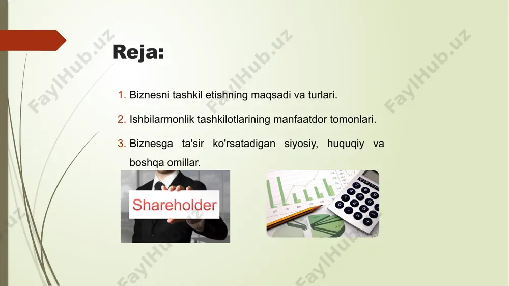 ishlari juda katta farq qilishi mumkin. ular, masalan, ishlab chiqarish tashkilotlari yoki sog'liqni saqlash xizmati bo'lishi mumkin. foyda yoki notijorat yo'nalishi ba'zi korxonalar foyda olish uchun mavjud. boshqalar, masalan armiya, foyda olishga yo'naltirilmagan. tashkilot nima qiladi tashkilotlar turli xil ish turlarini bajaradilar. mana ba'zi bir misollar. sanoat faoliyat qishloq xo'jaligi oziq-ovqat mahsulotlarini ishlab chiqarish va qayta ishlash ishlab chiqarish xom ashyolarni sotib olish va mehnat va texnologiyani qo'llash orqali ularni mahsulotga aylantirish (masalan, mashina) qazib olish / xom ashyo xom ashyolarni qazib olish va qayta ishlash (masalan, qazib olish) energiya bir manbani (masalan, ko'mirni) boshqasiga aylantirish (masalan, elektr energiyasi) chakana savdo / tarqatish tovarlarni oxirgi iste'molchiga etkazib berish intellektual ishlab chiqarish intellektual mulk ishlab chiqarish (masalan, dasturiy ta'minot, nashriyot, filmlar, musiqa) xizmat ko'rsatish sohalari chakana savdo, tarqatish, transport, bank, turli xil biznes xizmatlari (masalan, buxgalteriya, reklama) va ta'lim, tibbiyot kabi davlat xizmatlari xususiy va davlat sektori xususiy sektor. markaziy yoki …