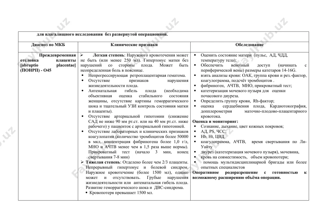 области рубца на матке после кесарева сечения). · родоразрешение предпочтительно проводить в стационаре 3-го уровня, · экстренное родоразрешение (кесарево сечение): при появление наружного кровотечения или неубедительном состоянии плода. · любое кровотечение во второй половине беременности при неустановленном диагнозе (локализации плаценты) - противопоказание для влагалищного исследования без развернутой операционной. диагноз по мкб клинические признаки обследование преждевременная отслойка плаценты [abruptio placentae] (понрп) - o45 · легкая степень: наружного кровотечения может не быть (или менее 250 мл). гипертонус матки без нарушений со стороны плода. может быть неопределенная боль в пояснице. · непрогрессирующая ретроплацентарная гематома. · отсутствие признаков нарушения жизнедеятельности плода. · антенатальная гибель плода (необходима объективная оценка стабильного состояния женщины, отсутствие картины геморрагического шока и тщательный узи контроль состояния матки и плаценты). · отсутствие артериальной гипотонии (снижение сад не ниже 90 мм рт.ст. или на 40 мм рт.ст. ниже рабочего) у пациенток с артериальной гипотонией. · отсутствие лабораторных и клинических признаков коагулопатии (количество …
