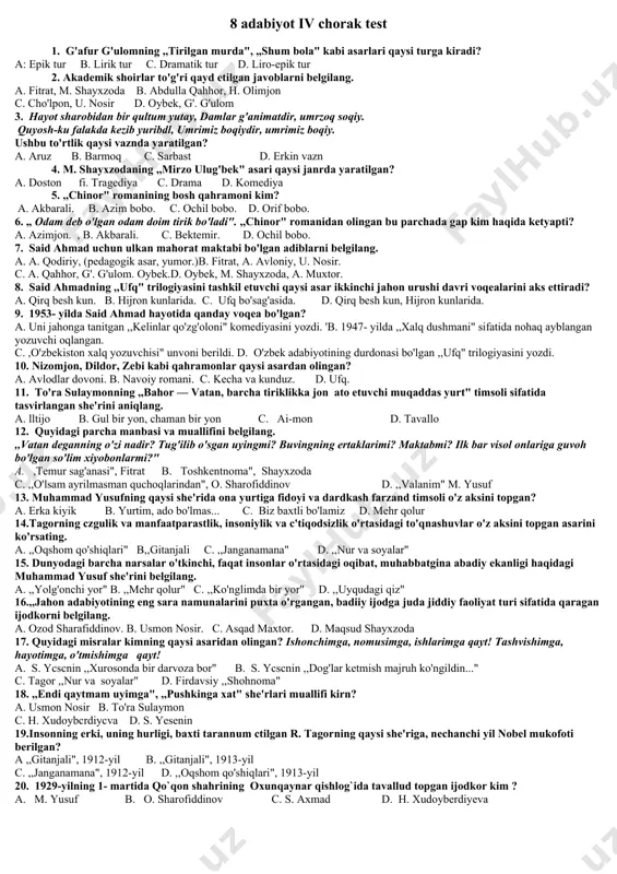 on d. tavallo 12. quyidagi parcha manbasi va muallifini belgilang. ,,vatan deganning o'zi nadir? tug'ilib o'sgan uyingmi? buvingning ertaklarimi? maktabmi? ilk bar visol onlariga guvoh bo'lgan so'lim xiyobonlarmi?" a. ,temur sag'anasi", fitrat b. toshkentnoma", shayxzoda c. ,,o'lsam ayrilmasman quchoqlarindan", o. sharofiddinov d. ,,valanim" m. yusuf 13. muhammad yusufning qaysi she'rida ona yurtiga fidoyi va dardkash farzand timsoli o'z aksini topgan? a. erka kiyik b. yurtim, ado bo'lmas... c. biz baxtli bo'lamiz d. mehr qolur 14.tagorning czgulik va manfaatparastlik, insoniylik va c'tiqodsizlik o'rtasidagi to'qnashuvlar o'z aksini topgan asarini ko'rsating. a. ,,oqshom qo'shiqlari" b,,gitanjali c. ,,janganamana" d. ,,nur va soyalar" 15. dunyodagi barcha narsalar o'tkinchi, faqat insonlar o'rtasidagi oqibat, muhabbatgina abadiy ekanligi haqidagi muhammad yusuf she'rini belgilang. a. ,,yolg'onchi yor" b. ,,mehr qolur" c. ,,ko'nglimda bir yor" d. ,,uyqudagi qiz" 16.,,jahon adabiyotining eng sara namunalarini puxta o'rgangan, badiiy ijodga juda jiddiy faoliyat turi sifatida qaragan ijodkorni belgilang. a. ozod sharafiddinov. b. usmon …
