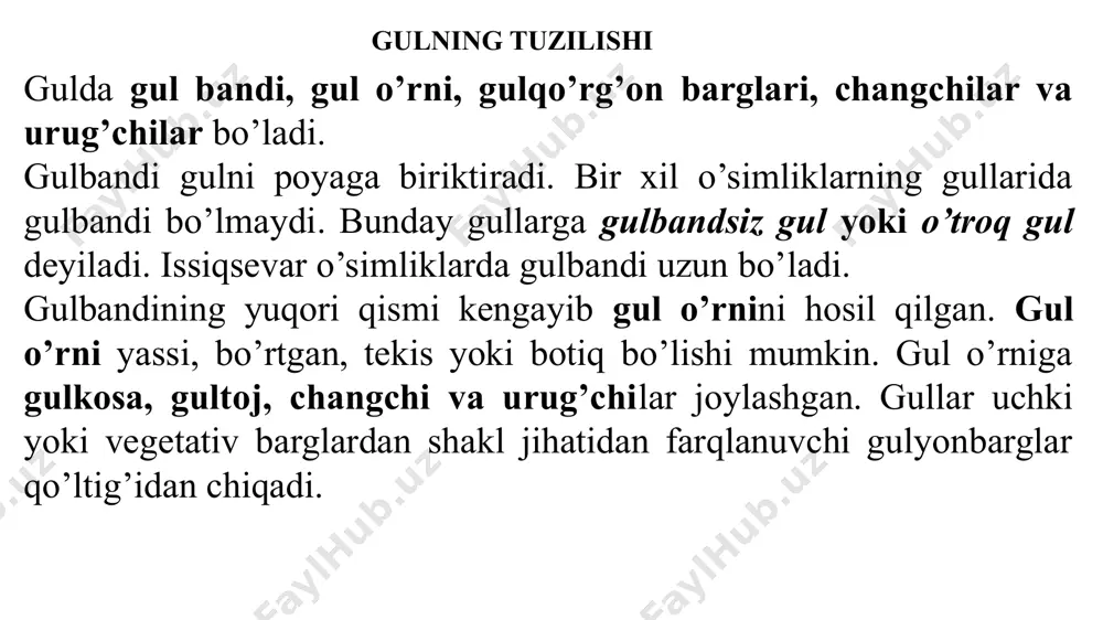 ’rg’oni, changchi va urug’chisi bo’lgan gullar to’liq gullar deyiladi. faqat urug’chi va changchisi bo’lgan gullar esa yalang’och gullar deyiladi. masalan, tolning guli shunday gullarga kiradi. birgina gulqo’rg’oni bo’lgan gullar jinssiz gullar deb nom olgan. misol tariqasida bo’tako’z o’simligining savatcha to’pgulini kuzating. gulda jinslarning ajratilishi agarda gulda ham androtsey (changchilar), ham ginetsey (urug’chilar) bo’lsa ikki jinsli gul deyiladi. masalan, g’o’za, olma, bug’doy gullari - ikki jinsli gullar hisoblanadi. bir jinsli gullarda faqat androtsey yoki ginetsey bo’ladi bir jinsli gulda faqat androtsey bo’lsa, bir jinsli erkak gul deb ataladi. gulda faqat ginetsey bo’lsa, bir jinsli urg’ochi gul deyiladi. bir jinsli (erkak va urg’ochi) gullar bitta o’simlikning o’zida joylashgan bo’lsa, u bir uyli o’simlik deyiladi. masalan, makkajo’xorining erkak gullari poyaning uchida, urg’ochi gullari esa barg qo’ltig’idagi so’ta to’pgulida bo’ladi. bodring o’simligida erkak va urg’ochi gullari bitta palakda joylashadi. gulda jinslarning ajratilishi yong’oq daraxtining yosh novdalari uchida urg’ochi gullar, ikki yillik novdalaridagi sirg’asimon to’pgulda …
