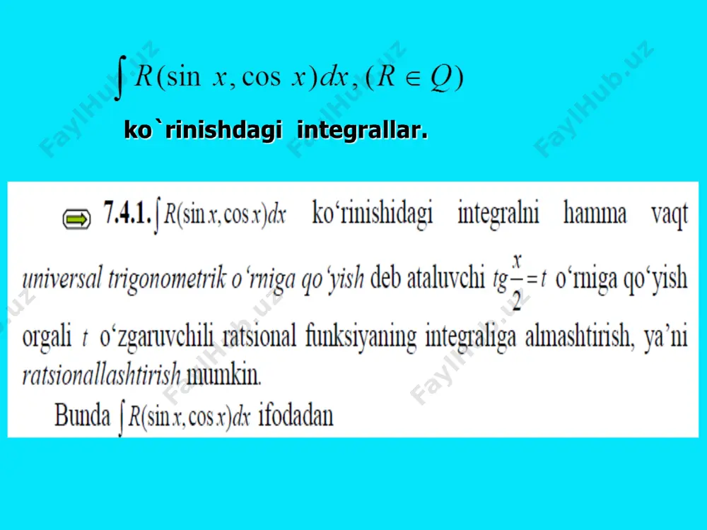 trigonometrik funksiyalar qatnashgan integrallar va irratsional ifodalarni integrallash - Page 3