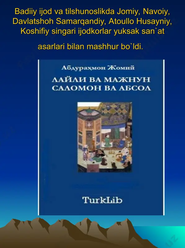 zlarning yoki uning bir bo`lagining keyingi bayt boshlanishida takrorlanishi bilan baytlarni bir-biriga bog`lashni anglatadi. taroziyning «fukukul-balog`a» asari o`sha davr o`zbek adabiyoti tarixini yanada chuqurroq o`rganishda qimmatlidir. temuriylarning adabiyot va madaniyat sohasidagi an`analari keyinchalik boburiylar tomonidan afg`oniston va hindistonda, xviii-xix asrlarda xorazm va qo`qon xonligida rivojlantirildi. temuriylar davri adabiyoti o`zbek adabiyoti rivojida o`ziga xos alohida bir bosqichni tashkil etadi. undagi ulug`vor insonparvarlik va xalqchillik, adolatparvarlik va ma`rifatparvarlik g`oyalari hamon o`z tarovatini yo`qotgani yo`q. bu adabiy meros o`zbekistonda hali asrlar davomida o`zining boy mazmuni bilan, g`oyaviy-mafkuraviy teranligi va ilohiyligi bilan komil insonni tarbiyalashda katta ahamiyat kasb etadi.