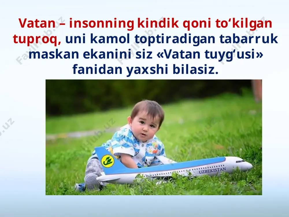 masalan, buyuk mutafakkir shoirimiz alisher navoiy ona yurtdan chetda baxt yo‘qligini nazarda tutib, deya nasihat qilganlar. savol va topshiriqlar: 1. har kim ona vatani timsolida nimani ko‘radi va anglaydi? 2. vatan ravnaqi deganda nimani tushunamiz? 3. vatan ravnaqi nima uchun, avvalo, uning farzandlariga bog‘liq? 4. yaponiya va janubiy koreya singari mamlakatlar qanday qilib eng rivojlangan davlatlar qatoridan mustahkam o‘rin egalladi? 5. siz zulfiya nomidagi davlat mukofotiga, «nihol» mukofotiga, «o‘zbekiston iftixori» unvoniga sazovor bo‘lgan yurtimiz yoshlaridan kimlarni bilasiz? 6. vatan haqida qanday maqol va shå’rlar yodlagansiz? 7. vatan ravnaqiga erishishning eng muhim sharti nima? 8. ushbu rasmlarda vatan ravnaqiga asos bo‘ladigan qanday boylik va imkoniyatlar tasvirlangan? image2.jpg image3.jpg image4.jpeg image5.jpeg image6.jpeg image7.jpeg image8.jpeg image9.jpeg image10.jpeg image11.jpeg image12.jpeg image13.jpeg image14.emf image15.jpeg image16.jpeg image1.jpeg