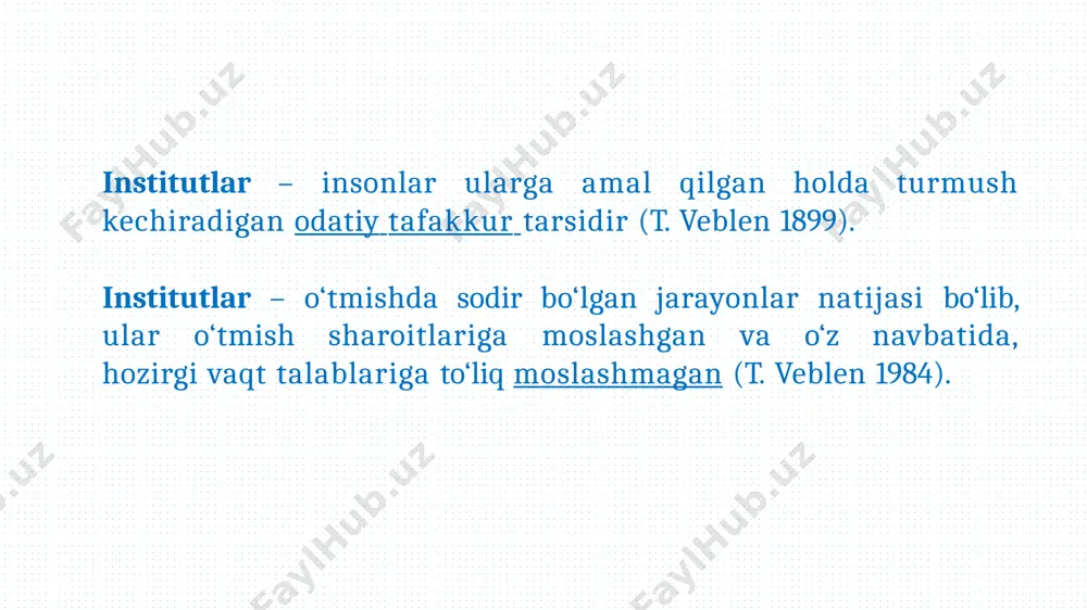 vizm individualizm jamiyatning ijtimoiy tuzilmasi tenglik tabaqalanish ijtimoiy qadriyatlar qat’iy tartib – intizom erkinlik mehnat munosabatlari ma’naviy rag’batga yo’naltirilgan mehnat motivatsiyasi moddiy rag’batga yo’naltirilgan mehnat motivatsiyasi 4. institutsional o‘zgarishlar va institutlarning o‘zaro bog‘liqligi nord duglasning ta’kidlashicha eski va yangi institutlar orasidagi bo’g’liqlikning quyidagi turlari mavjud: yangi institutlar faqatgina eski institutlarning negizida paydo bo’ladi, shuning uchun ham ular orasida chuqur aloqa mavjud. mutlaq yangi institutlarning paydo bo’lishi – bo’shliq mavjudligi bilan izohlanadi. eski va yangi institutlar orasida yaqqol aloqa (bog’liqlik)ning mavjud emasligi – inqilobiy xususiyatga ega. eski va yangi institutlar o‘rtasidagi inqilobiy o‘zgarish sodir bo’lishining uchta ehtimoliy sababini ta’kidlash lozim. 1. mavjud institutsional matritsaga qarama-qarshi bo‘lgan rasmiy institutlarning paydo bo‘lishi va ular rivojlanishi hamda qabul qilingan rasmiy normalarga mos keluvchi yangi norasmiy normalarning shakllanishi. 2. qabul qilingan rasmiy qoidalarning norasmiy normalarga to‘liq mos kelmasligi shunga olib keladiki, norasmiy normalar ancha “hayotiy” bo‘lib chiqadi va buning natijasida yangi qabul qilingan rasmiy qoidalarning …