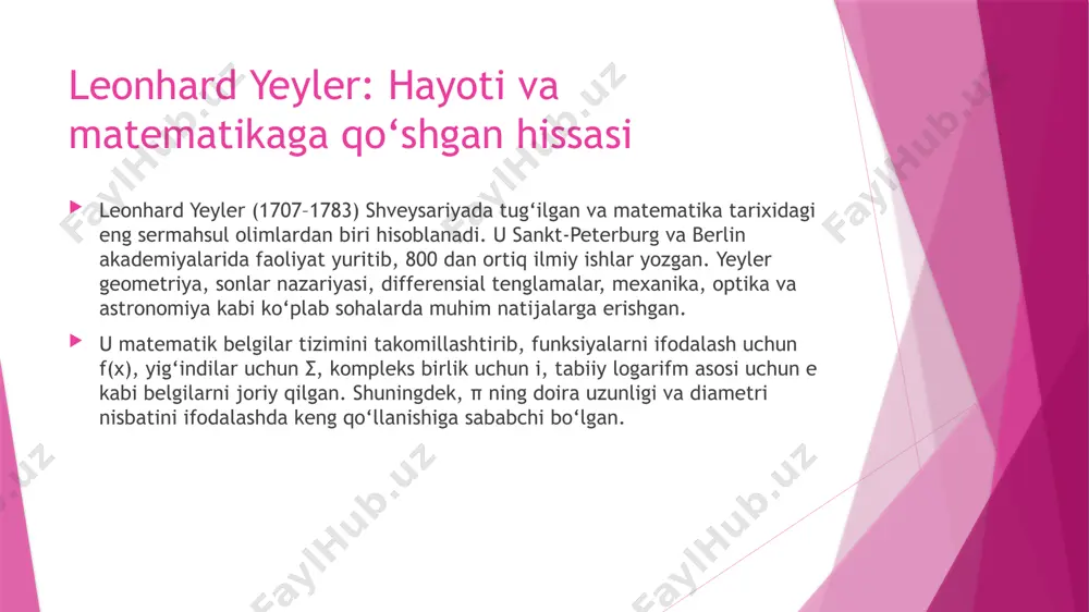 ilar tizimi va funksiyalar nazariyasi hozirgi matematik analiz va algebra darsliklarida asosiy o‘rin egallaydi. uning ishlari fizika va muhandislikda ham keng qo‘llaniladi. venn diagrammalari mantiqiy fikrlashni rivojlantirishda, to‘plamlar nazariyasi va ehtimollarni tushuntirishda samarali vosita bo‘lib, ta’lim jarayonida keng qo‘llaniladi. dekartning analitik geometriyasi esa matematikaning ko‘plab sohalarida, xususan, geometriya, algebra va kalkulusda asosiy rol o‘ynaydi. uning falsafiy qarashlari esa ilmiy metodologiyaning shakllanishiga katta ta’sir ko‘rsatgan. ularning ilmiy ishlari nafaqat o‘z davrida, balki bugungi kunda ham fan va ta’lim sohalarida muhim ahamiyatga ega bo‘lib, yangi avlod olimlari uchun ilhom manbai bo‘lib xizmat qilmoqda. xulosa leonhard yeyler, jon venn va rene dekartning ilmiy faoliyati matematika va falsafa sohalarining rivojlanishida muhim rol o‘ynagan. ularning ishlari zamonaviy fan asoslarini yaratib, bugungi kunda ham o‘z ahamiyatini saqlab qolmoqda. ularning ilmiy merosi ta’lim jarayonida keng qo‘llanilib, yangi avlod olimlari uchun ilhom manbai bo‘lib xizmat qilmoqda. foydalanilgan adabiyotlar: leonhard euler | britannica. https://www.britannica.com/biography/leonhard-euler john venn | britannica. https://www.britannica.com/biography/john-venn …