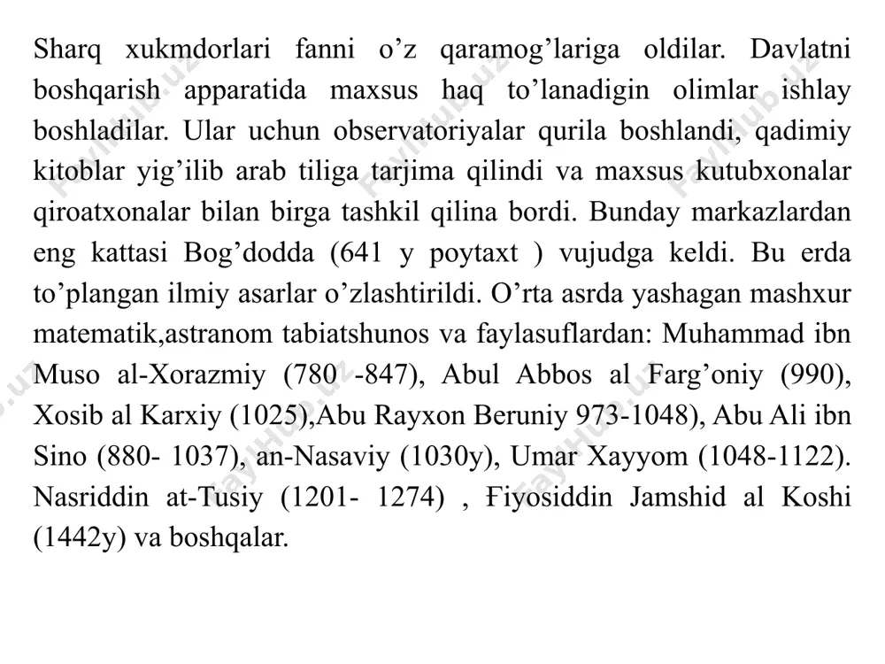 etdi va bu bilan bajariladigan amallarni ixchamlashtirdi. xorazmiyning yana bir muxim asarlaridan biri “ fi xisob al-jabr va al-muqobala“dir. u bu asar bilan algebrani mustaqil va aloqida fan sifatida keltiradi. asar asosan uch bo’`limdan iborat bo’`lib: 1) aljabr va al-muqobala yordamida 1- va 2-darajali bir noma’lumli tenglamalarni echish, ratsional va irratsional ifodalar bilan amallar bajarish hamda tenglama yordamida sonli masalalarni echish yo’llari beriladi; 2) geometriyaga bag’ishlangan bo’lib, bunda miqdorlarni o’lchash va o’lchashga doir masalalarga algebraning ba’zi bir tatbiqlari ko’rsatiladi; 3) algebraning amaliy tadbiqi, ya’ni meros bo’`lishga doir masalalar beriladi. o’rta asrlarda yashagan o’rta osiyolik olimlar orasida buyuk astranom, matematik va geograf al – farg’oniy salmoqli o’rin egallaydi. olimning to’liq ismi abul abbos ahmad ibn muhammad ibn kosir al – farg’oniydir. manbalarda uning farg’onalik ekanligidan tashqari deyarli boshqa ma’lumotlar saqlanmagan ahmad al – farg’oniy xalifa horun ar rashid vorislari al ma’mun, mu’tasim va mutavvakil hukumronlik qilgan davrda yashadi hamda avval mavr, …