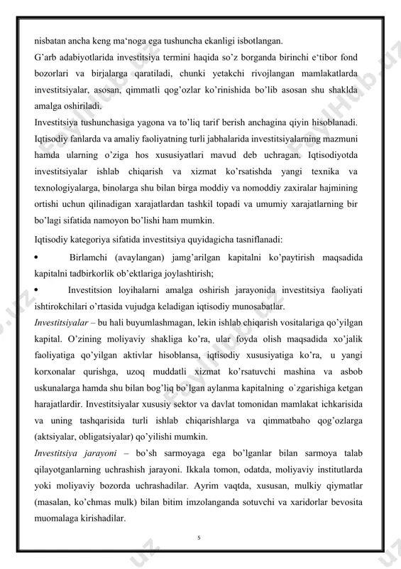 tuvor yo’nalishlari va mamlakatdagi korxonalar investitsion faolligiga bog’liq. mustaqilligimizning qisqa davrida investitsion faollikni oshirish, uni kuchaytirish. investitsion loyihalarni moliyalashtirish shakllari investitsiyalarni jalb qilish uslubi sifatida namoyon bo’lib, loyihani amalga oshirish maqsadida ta‘minlanadi. investitsion loyihalarni moliyalashtirish shu bilan bir qatorda jalb qilish usullari sifatida quyidagilarni ko’rish mumkin: · o’z-o’zini moliyalashtirish, ya‘ni faqat o’z mablag’lari hisobiga investitsiyalash; · aksiyalashtirish yoki ulushli moliyalashtirishning boshqa shakllari; · kredit orqali moliyalashtirish (banklarning investitsion kreditlari, obligatsiyalarni chiqarish); · lizing; · byudjetdan moliyalashtirish; · ko’rilgan turli usullar kombinatsiyalari asosida aralash moliyalashtirish; · loyihaviy moliyalashtirish. ichki moliyalashtirish (o’z-o’zini moliyalashtirish) investitsion loyihani amalga oshirishni rejalashtirayotgan korxonaning hisobiga ta‘minlanadi. xususiy mablag’lardan foydalanish o’zida - ustav (aksiyadorlik) kapitali, shu bilan birga mablag’lar oqimi, korxonaning faoliyati natijasida shakllanadigan, avvalo, sof foyda va amortizatsion ushlanmalarda namoyon bo’ladi. investitsion loyihalarni mustaqil byudjet yo’li bilan ajratish xususan qat‘iy maqsadli xarakterga ega bo’lib, investitsion loyihalarni amalga oshirishga yo’naltirilgan mablag’lardan shakllanadi. o’z-o’zini moliyalashtirish faqatgina kichik investitsion loyihalarda …