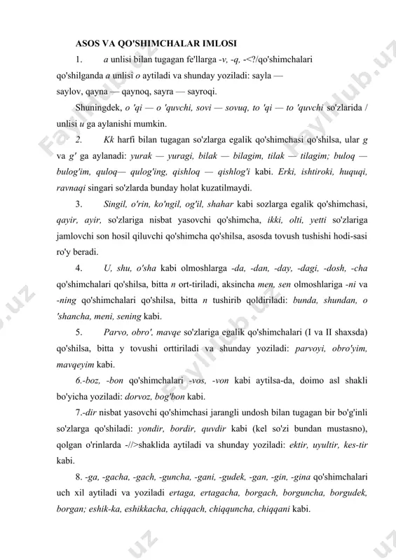 ar, -mas qo'shimchasi bilan yasalgan qo'shma so'zlar qo'shib yoziladi: o'rinbosar, buzoqboqar, ertapishar, ishyoqmas kabi. 3. narsani boshqa bir narsaga qiyoslash orqali hosil qi-lingan qo'shma otlar va sifatlar qo'shib yoziladi: toshbaqa, oybolta, qo'yko'z, sherdil, otquloq singari. 4. narsaning rangi, mazasi, nima uchun mo'ljallanganligi kabi ma'nolarni bildiruvchi qo'shma so'zlar qo'shib yozi​ladi: ko'ksulton, oqbosh, achchiqtosh, ko'zoynak, suvilon kabi. 5. ikkinchi qismi turdosh ot yoki obod so'zi bilan yasalgan joy nomlari qo'shib yoziladi: oqtepa, uchqo'rg'on, davlatobod, xo 'jaobod kabi, lekin markaziy osiyo, ko'hna urganch, g'arbiy yevropa kabi joy nomlari ajratib yoziladi. 6. ruscha, baynalmilal yoki tarjima qilingan qo'shma so'zlar qo'shib yoziladi: telestudiya, fotoapparat, radio- to'lqin, elektrarra kabi. 7. qisqartma so'zlar har doim qo'shib yoziladi: o'zmu, toshdpu. ajratib yozish 1. qo'shma fe'l, shuningdek ko'makchi fe'lli qo'shilmalar doimo ajratib yoziladi: kirib chiqdi, olib keldi, oshkor etdi, aytib qo 'ya qoldi, o 'qib chiqdi kabi. 2. har, kech, bir, u, shu, o 'sha, hamma kabi so'zlar o'zi …