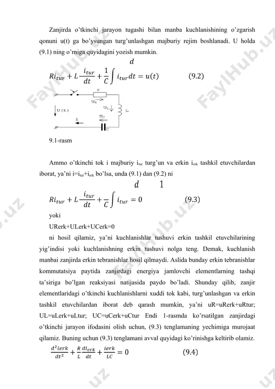 echimiga murojaat qilamiz. buning uchun (9.3) tenglamani avval quyidagi ko’rinishga keltirib olamiz. va ω2o belgilar kiritib, tavsifiy tenglamaga o’tamiz: α2 + 2δα+ω20 =0 (9.5) uning ildizlari esa . shunday qilib, bir jinsli differensial tenglama (9.4) ning umumiy yechimi: ierk=a1eα1t+a2eα2t bo’ladi; bunda: a1 va a2 – kommutatsiya qonunlarining chegaraviy (boshlang’ich) shartlardan kelib chiqadigan integrallash doimiylari. erkin tokning o’zgarish qonuni ierk(t) tavsifiy tenglamaning ildizlari α1, α2 ning qiymati va xarakteriga bog’liq. ammo ierk(t) funksiya doimo t →∞ da nolgacha so’nuvchi egri chiziq bilan ifodalanadi. zanjirlar murakkab bo’lgan sari o’tkinchi jarayonlarni hisoblash yanada yuqori tartibdagi differensial tenglamalarni yechishga olib keladi. masalan, shunday zanjirning k- tarmog’idagi o’tkinchi tok n-tartibli differensial tenglama bilan ifodalanadi: erkin tok esa quyidagicha bo’ladi: ierk = a1eα1t + a2eα2t +• • • + aneαnt (9.7) zanjirdagi o’tkinchi jarayonlarni hisoblashning differensial tenglamalarini tahlil qilishga asoslangan usul ―klassik usul‖ deyiladi. bu usulni quyidagi misollarda ko’rib chiqamiz. induktiv g’altakni o’zgarmas kuchlanishga ulash 2-rasmda …