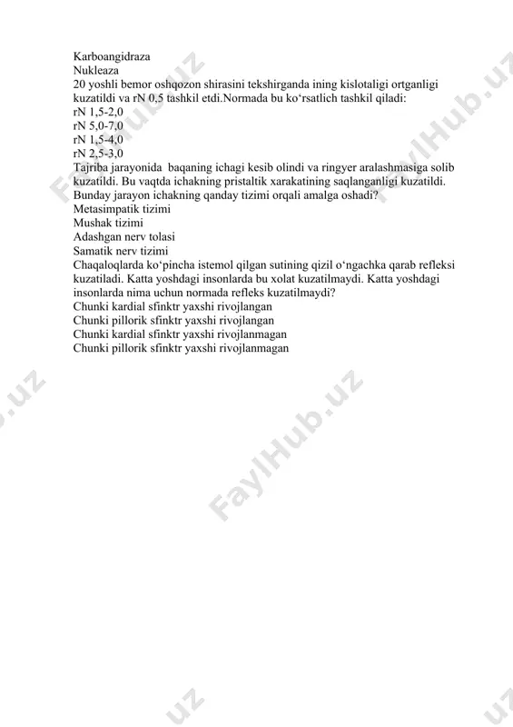 ichakning pristaltik xarakatining saqlanganligi kuzatildi. bunday jarayon ichakning qanday tizimi orqali amalga oshadi? metasimpatik tizimi mushak tizimi adashgan nerv tolasi samatik nerv tizimi chaqaloqlarda ko‘pincha istemol qilgan sutining qizil o‘ngachka qarab refleksi kuzatiladi. katta yoshdagi insonlarda bu xolat kuzatilmaydi. katta yoshdagi insonlarda nima uchun normada refleks kuzatilmaydi? chunki kardial sfinktr yaxshi rivojlangan chunki pillorik sfinktr yaxshi rivojlangan chunki kardial sfinktr yaxshi rivojlanmagan chunki pillorik sfinktr yaxshi rivojlanmagan