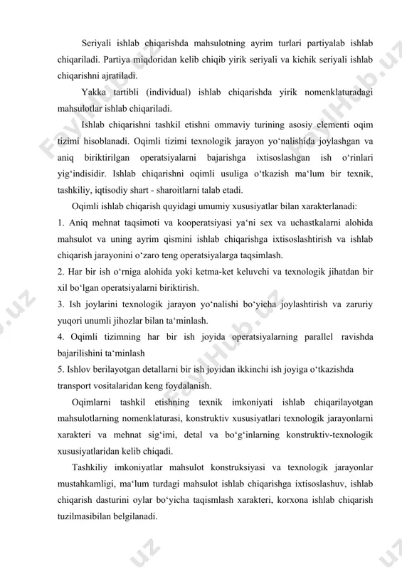 ktirish. 3. ish joylarini texnologik jarayon yo‘nalishi bo‘yicha joylashtirish va zaruriy yuqori unumli jihozlar bilan ta‘minlash. 4. oqimli tizimning har bir ish joyida operatsiyalarning parallel ravishda bajarilishini ta‘minlash 5. ishlov berilayotgan detallarni bir ish joyidan ikkinchi ish joyiga o‘tkazishda transport vositalaridan keng foydalanish. oqimlarni tashkil etishning texnik imkoniyati ishlab chiqarilayotgan mahsulotlarning nomenklaturasi, konstruktiv xususiyatlari texnologik jarayonlarni xarakteri va mehnat sig‘imi, detal va bo‘g‘inlarning konstruktiv-texnologik xususiyatlaridan kelib chiqadi. tashkiliy imkoniyatlar mahsulot konstruksiyasi va texnologik jarayonlar mustahkamligi, ma‘lum turdagi mahsulot ishlab chiqarishga ixtisoslashuv, ishlab chiqarish dasturini oylar bo‘yicha taqismlash xarakteri, korxona ishlab chiqarish tuzilmasibilan belgilanadi. iqtisodiy imkoniyatlar oqim tizimi tashkil etishga sarflangan xarajatlarni qoplash davri va iqtisod miqdori bilan belgilanadi. tashkil etilgan oqimli tizimi faoliyatini samarali tashkil etish uchun texnologik va tashkiliy sinxronlashtirish zarur. oqimli tizmlarni xarakterlovchi belgilardan yana biri ishlab chiqarish jarayonining maromiyligidir. maromiylik deganda ishlab chiqarilayotgan (ta‘mirlanayotgan) obyektni liniya rejmi yoki jarayon takti deb yuritiluvchi vaqt oralig‘ida jarayonga kiritilishi yoki …