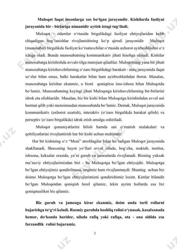 lamiz, lekin ayrim hollarda esa biz qoniqmaslikni his qilamiz. biz guruh va jamoaga kirar ekanmiz, doim unda turli rollarni bajarishga to‘g‘ri keladi. rasmiy guruhda boshliq rolini o‘ynasak, kasalxonada bemor, do‘konda haridor, oilada rafiq yoki rafiqa, ota - ona oldida esa farzandlik rolini bajaramiz. muloqot psixologiyasi fani psixologiyaning barcha tarmoqlari bilan bog‘liq holda rivojlanadi. jumladan, pedagogik psixologiya bilan uzviy bog‘liq. pedagogik muloqotda ta’lim psixologiyasi, tarbiyaning psixologik asoslari, o‘qituvchi va o‘quvchi munosabatlari, o‘qituvchi psixologiyasi, maktablarda ta’lim - tarbiya jarayonlarini boshqarish muhim o‘rinni egallaydi. ijtimoiy psixologiya turli ijtimoiy guruhlar, jamoaning psixik namoyon bo‘lishi, katta guruhlar - jamoalarning kayfiyati, tafakkuri, raqobati kabilarni o‘rganadi. bu masalalarni hal qilishda muloqot psixologiyasi katta ahamiyatga ega. boshqaruvda rahbarlarda nutq qobiliyatining rivojlanishi, shuningdek, xodimlar bilan til topa olish uchun muloqot psixologiyasini bilish zarur. siyosatchilarda notiqlik mahorati shakllangan bo‘lishi kerak, bunda ularga muloqot psixologiyasini yaxshi bilishlari yaqindan yordam beradi. muloqot din psixologiyasi uchun ham juda katta ahamiyatga ega. din psixologiyasi …