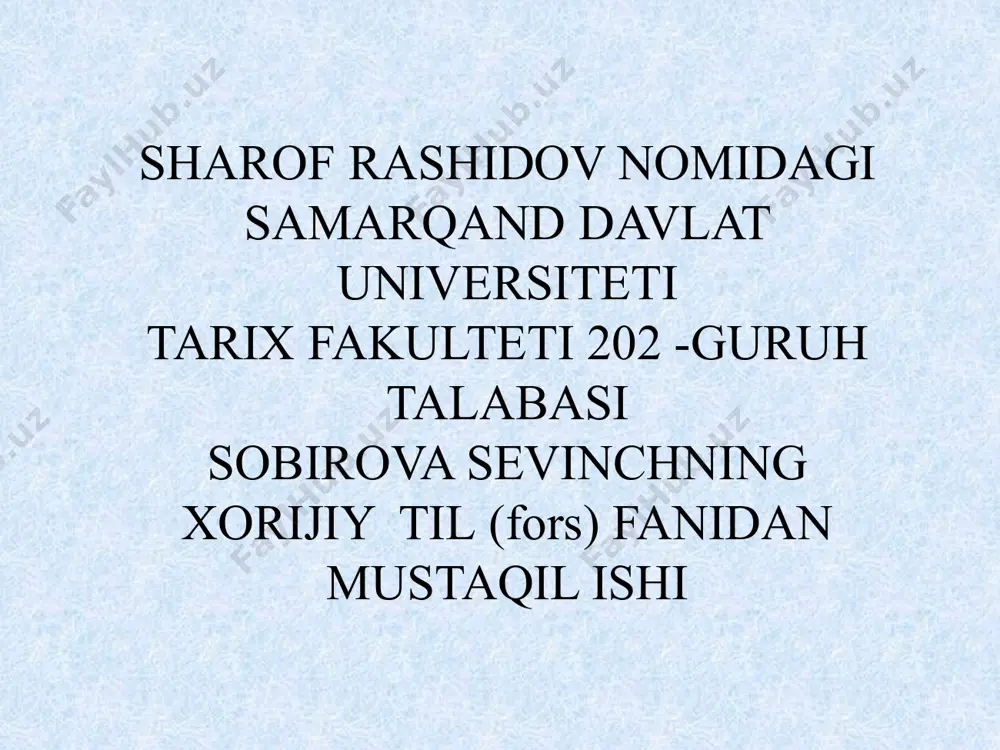 znlar- اوزان dour - atrof-دور nouzod - chaqaloq- نوزاد tanvin alomati va uning xususiyatlari haqida maʼlumot bering va misollar keltiring. " arab tilidan fors tiliga qabul qilingan baʼzi soʻzlarning oxirida " an" tovushi keladi, ammo yozuv vaqtida " alif" harfi ustiga ikki zabar " qoʻyiladi va " an " tovushi hosil etiladi. bu ikki zabarni tanvin alomati deyiladi. аввалан- birinchidan - اوّلاً фавран- darrov - فوراً асосан - asosan - اساساً тадкикан- tadqiq qilganda tekshirganda- تدقیقا‍ً 2-топшириқ сифат ва сифатнинг ясалиши ҳақида маълумот беринг. fors tilida ham oʻzbek tilidagi singari بلند -baland , سرخ -qizil, تیز- oʻtkir kabi tub sifatlar bilan bir qatorda yasama sifatlar ham bor. fors tilida sifat yasovchi qoʻshimchalarning asosiylari quyidagilar: 1. مند- mand, ناک - nok qoʻshimchalari o'zakda etilgan narsaga yoki xususiyatga egalikni bildiruvchi sifatlar yasaydi. خردمندـ aqlli غمناک- gʻamgin . ین(in ) , ینه( ine) 2. qoʻshimchalari yordami bilan yasalgan sifatlar o'zakda ifoda etilgan narsaga …