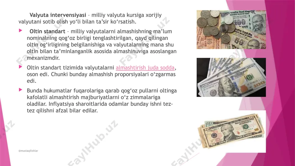 shuning uchun oltin standart tizimining amal qilishi to‘xtatib qo‘yilgan edi. 70-yillarda unda valyuta kurslari milliy pul birliklarining narxi sifatida shakllanadigan valyuta bozori tug‘ildi. bozor kurslari u yoki bu valyutaga bo‘lgan talab va taklifning nisbati bilan belgilanadi. valyuta bozoridagi talab va taklifning hajmlari mamlakatlar o‘rtasidagi o‘zaro savdoning hajmiga bog‘liqdir. inflyatsiyaning kursiga, shuningdek, jahonning turli mamlakatlaridagi inflyatsiyaning miqyosi va iqtisodiyotning ahvoli ham ta’sir qiladi. valyuta bozorining asosi – jahonning aksariyat ko‘pchilik mamlakatlarida mavjud bo‘lgan ushbu davlat hududlarida hamma hisob-kitoblarning faqat shu mamlakatlarning milliy valyutalarida olib borish haqidagi talablardir. oltin bilan ta’minlanganlik mavjud bo‘lmaganda bir valyutaning boshqasi bilan almashinish proporsiyasini ikkita omil belgilaydi. @mustaqilishlar valyutaning xarid qobiliyati – turli xil milliy valyutalarning start summasi (aytaylik yuzta birligiga) bir xil tovarlar va xizmatlarning sotib olish mumkin bo‘lgan miqdordir.valyutalarning xarid qobiliyati ularning har birining milliy iqtisodiyotning boshqa mahsulotlariga almashtirish mumkin bo‘lgan tovar (pul tovar) sifatidagi qiymatini ko‘rsatadi. valyutalarning xarid quvvati bo‘yicha nisbatiga turli mamlakatlarda tovarlarning …