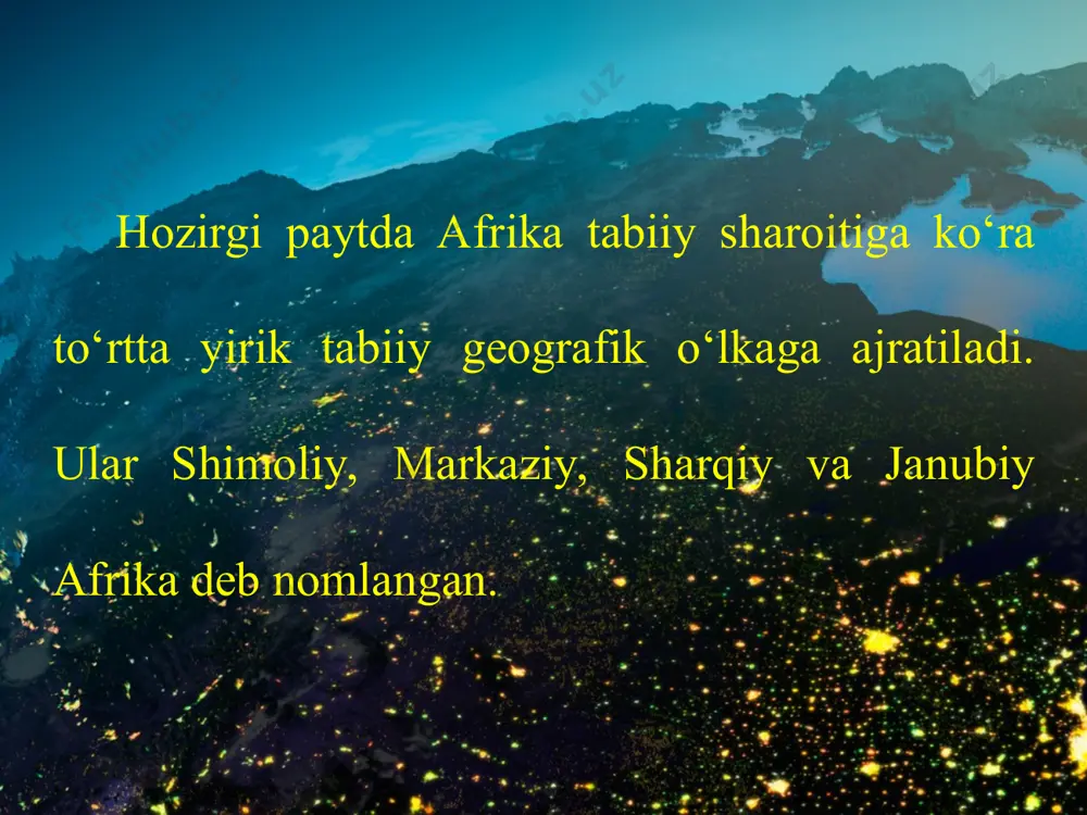 ngoro“ shular jumlasidandir. janubiy afrika o‘lkasi kongo — zambezi daryolari suvayirg‘ichidan janubdagi hududlarni egallaydi. bu o‘lkani kichik afrika deb ham atashadi. sababi kichik hududda iqlimiga bog‘liq holda tabiati kenglik va uzoqlik bo‘yicha almashib keladi. tog‘larida balandlik mintaqalanishi mavjud. madagaskar — paydo bo‘lishiga ko‘ra yirik materik oroli. tabiatiga okean ta’siri katta. tropik o‘rmon va savannalar ko‘p.