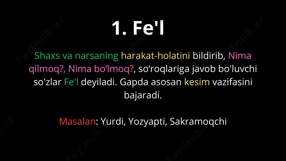an shakli. sifatdoshda 3 ta zamon bor: i. o'tgan zamon: -gan, -kan, -qan masalan: tikkan, yog'gan, yozgan ii. hozirgi zamon: -yotgan, -ayotgan masalan: kelayotgan odam, o'qiyotgan bola iii. kelasi zamon: -adigan, -ydigan, -ar, -r, -mas, -vchi, -uvchi masalan: bo'ladigan bola, oqar suv sifatdosh ham egalik, kelishik va -lar qo'shimchalarini olib otlashish xususiyatiga ega. bunda sifat bog'lanib kelgan ot tushib qoladi. va otning vazifasini sifatdosh bajaradi masalan: ayrilgan odamni ayiq yer - ayrilganni ayiq yer. b) sifatdosh fe'lning ravishga xoslangan shakli. qo'shimchalari: -b, -ib, -a, -ay, -gach, -kach, -qach, -guncha, -kuncha, -quncha, -gani, -kani, -qani, -gancha, -kancha, -qancha. masalan: kulib gapirdi, yurgancha ketdi. ravishdosh qo'shimchalarining ma'nolari: i. holat ma'nosi: -b, -ib, -a, -ay, gancha - qay holda? masalan: kulib gapirdi, suvga tikilgancha o'tirardi. ii. payt ma'nosi: -b, -ib, -guncha, -gach - qachon? masalan: ali gulni hidlab, sallasining qatiga qistirib qo'ydi. quyosh qorayguncha yetib olish kerak. iii. maqsad ma'nosi: -gani - nima …