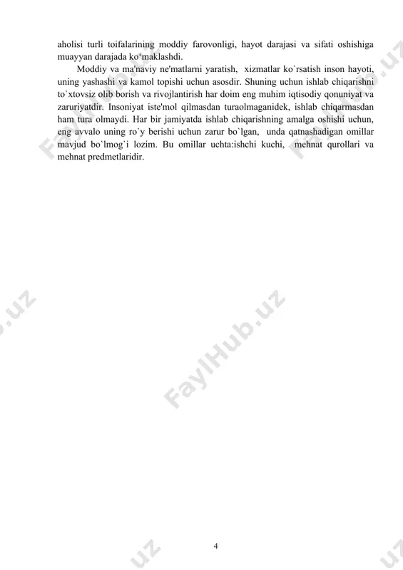 ettirib, avtomobil va temir yo‘llari, maktablar, kasalxonalar qurilishiga xizmat qiladi. ma’naviy ehtiyojlar kishilarning moddiy ko‘rinishga ega bo‘lmagan, bilim va dam olish, madaniy saviyasini oshirish, malaka-mahoratga ega bo‘lish, har xil xizmatlardan bahramand bo‘lish kabi ko‘plab ehtiyojlarni o‘z ichiga oladi. ehtiyojlar yakka tarzda va birgalikda qondirilishi mumkin. bu esa ehtiyojning tabiatiga va uni qondiruvchi obe’ktlar xususiyatiga bog‘liq. shunday buyum va xizmat turlari borki, ulardan faqat birgalikda foydalanish mumkin. masalan, ta’lim olish binolari, kasalxonalardan, dam olish joylaridan bahramand bo‘lish, sport o‘yinlari va ko‘ngilochar tomoshalarni birgalikda ko‘rish kabilar shular jumlasidandir. jamiyat ehtiyojlariga bir qator omillar ta’sir ko‘rsatadi. bular quyidagilar: a) jamiyatning iqtisodiy taraqqiyot darajasi. iqtisodiyoti rivojlanishdan orqada qolgan mamlakatlarda ehtiyojlar doirasi tor bo‘lsa, aksincha, iqtisodiyoti yuqori darajada rivojlangan mamlakatlarda uning doirasi keng va xilma-xil bo‘ladi; b) jamiyatdagi ijtimoiy-iqtisodiy tuzum. agar jamiyatdagi tuzum bozor iqtisodiyoti yoki kapitalistik tartiblar asosida qurilgan bo‘lsa, undagi ijtimoiy guruhlar boylar va kambag‘allar, mulkdor va mulksizlarga bo‘linib, ularga mansub kishilar ehtiyojlari …