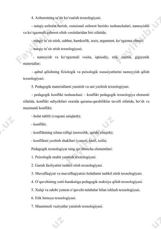 dan pedagogik loyihalangandagina ko‘zlangan maqsadga erishish mumkin. pedagogik jarayonni kompyuterlashtirishning asosiy yo‘nalishlaridan biri va pedagogik texnologiyalar bilan shug‘ullanishi lozim bo‘lgan sohadir. axborot texnologiyalari – kishilarning bilimlarini rivojlantiradigan, ularning texnika va ijtimoiy jarayonlarni boshqarish bo‘yicha imkoniyatlarini kengaytiradigan ma’lumotlarni tashkil etish, saqlash, ishlab chiqish, tiklash, uzatish usullari va texnika vositalari hisoblanadi. shuningdek, axborot texnologiyalari deganda, ma’lum bir maqsadga erishish uchun amalga oshiriladigan jarayonlar zanjiridan iborat yaratuvchi faoliyat tushuniladi. agar texnologik zanjirni tashkil etuvchi jarayonlar, ular orasidagi axborot almashinuvini tashkil etish va ularni uyg‘unlashtirishda kompyuterlardan foydalanish imkoniyati yaratilsa, har qanday texnologiyaning samaradorligi ortadi. albatta, buning uchun mazkur texnologiyani sinchiklab o‘rganish, jarayonlaridagi va ular o‘rtasidagi axborot almashinuvini, shuningdek, jarayonlar zanjirini (ya’ni texnologiyani) boshqarishning axborot ta’minotini tahlil etish zaruriyati paydo bo‘ladi. hozirgi zamon axborot texnologiyalarining asosini quyidagi uchta texnika yutug‘i tashkil etadi: 1. axborotni mashina o‘qiydigan tushunchalarda jamlash muhitining paydo bo‘lishi (magnit lentalar, kinofilmlar, magnit disklar va h.k.); 2. axborotni yer sharining istalgan nuqtasiga vaqt …