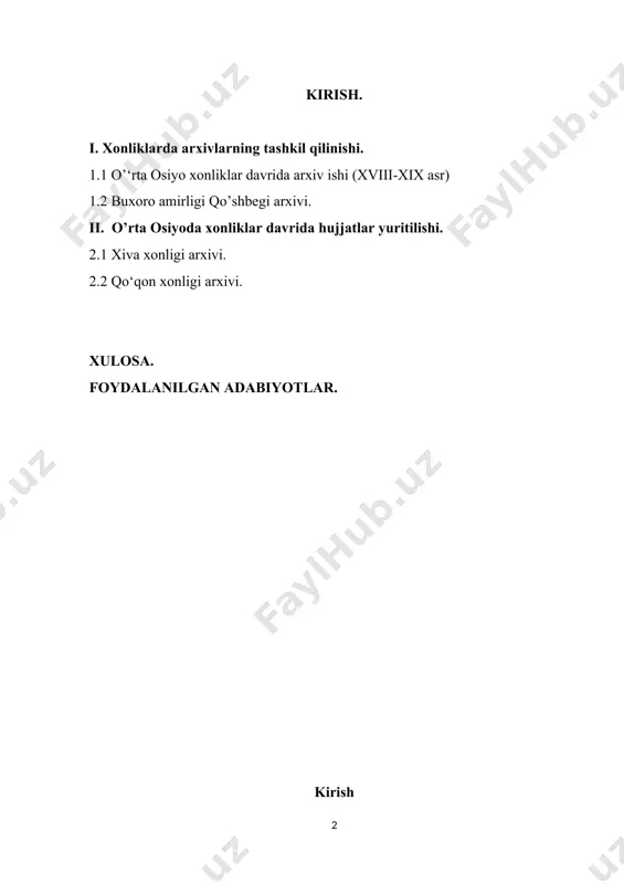otchida chuqur bilim, maxsus malaka, sabot va matonat talab qiladi. arxiv hujjatlarini jamiyat hayotini o‘rganishda o‘mi beqiyosdir. 0‘rta osiyo xonliklari: buxoro, xiva va qo‘qon xonliklarining davlat arxivi o‘tgan asrda, ya’ni 1865, 1876-yillardan keyin, ya’ni xonliklar rossiya impyeriyasi harbiylari tomonidan bosib olinganidan keyin, rossiyaga olib ketildi hamda muzey va kutubxonalarda saqlandi. ulaming - ijtimoiy-iqtisodiy hayotga oid qismi, 1960-yildan keyin toshkentga 0‘zbekiston markaziy davlat tarix arxiviga qaytarildi. xiva xonligining arxivi va uning materiallari asosida asrimizning 60-yillarida ozmi-ko‘pmi ilmiy ishlar olib borildi. biz bu 0‘rta osiyo xalqlarinigg ijtimoiy-iqtisodiy va siyosiy tarixini o‘rganishda qo‘qon xonligi arxivining ham ahamiyati kattadir. bu muhim arxiv ham o‘z vaqtida (1876-yildan keyin) sankt-peterburgga olib ketilgan va imperator muzeyi (hozirgi sharqshunoslik instituti) sankt-peterburg xalq kutubxonasi fondlarida joylashtirilgan edi. mazkur arxivga tegishli hujjatlar prof. a.l. troitskaya tomonidan o‘rganilib, 1968-yilda “katalog arxiva kokandskix xanov xix veka” nomli ma’lumotnomasi e’lon qilindi. 0‘zbekiston respublikasi markaziy davlat arxivida qo‘qon, xiva xonlari arxivlari, buxoro amrrliginibg qushbegi …