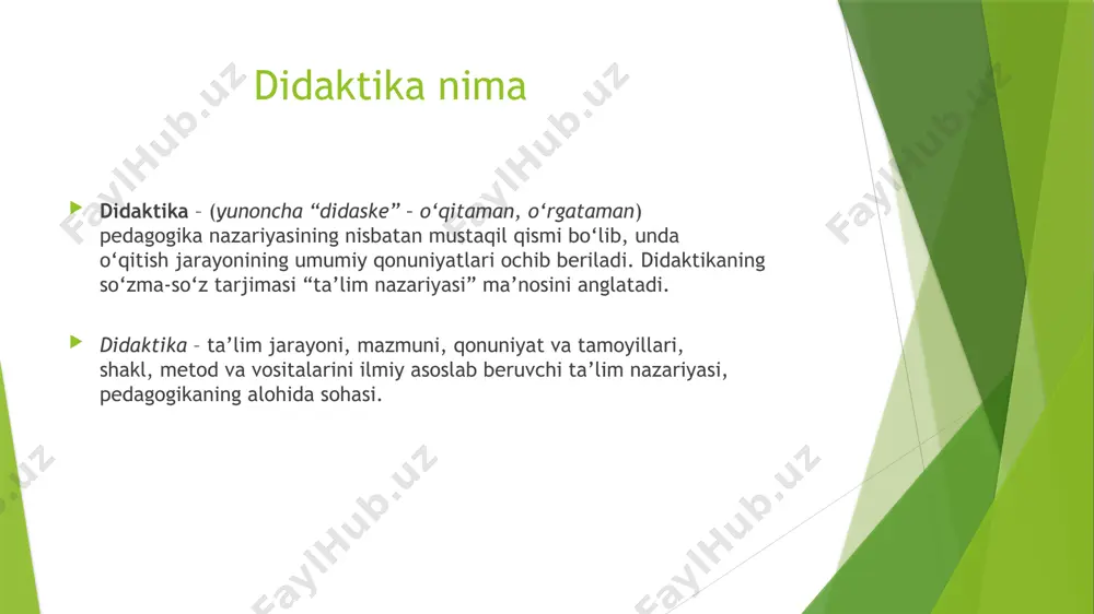 o‘nikma va malakalarni kundalik va kasbiy faoliyatda qo‘llay olish layoqati. didaktika kategoriyasi maqsad – o‘qitishning nimaga qaratilganligi, uning ta’sirchanligi kelgusida qay yo‘sinda safarbar etilishi. mazmun – o‘qitish jarayonida egallanishi lozim bo‘lgan ilmiy bilim, amaliy ko‘nikma va malakalar, faoliyat, fkrlash usullari tizimi. tashkil etish – qo‘yilgan maqsadni samarali amalga oshirish uchun unga zaruriy shaklni taqdim etadigan, aniq mezonlar bo‘yicha tartiblangan didaktik jarayon. shakl – o‘quv jarayonining tashqi ifodasi, uning ichki mohiyati, mantig‘i, mazmuni uchun qobiq. metod – o‘qitishning maqsad va vazifalariga erishish (amalga oshirish) yo‘li. vosita – o‘quv jarayonining predmetli qo‘llab-quvvatlanishi, yangi materialni o‘zlashtirish jarayonida o‘qituvchi va tahsil oluvchilar tomonidan foydalaniladigan obyekt. o’qitish jarayoni o‘qitish – o‘qituvchi va tahsil oluvchilarning maqsadga qaratilgan birgalikdagi faoliyati jarayoni bo‘lib, bu jarayonda tahsil oluvchilarni rivojlantirishni amalga oshiradigan bilim, ko‘nikma, malaka va kompetensiyalar yuzaga chiqadi. o‘qitish jarayoni uchta vazifani bajaradi: ta’limiy, tarbiyaviy va rivojlantiruvchi. ta’limiy vazifa o‘qitish jarayonining ta’limiy vazifasi tahsil oluvchilarda bilim, ko‘nikma, malaka va …