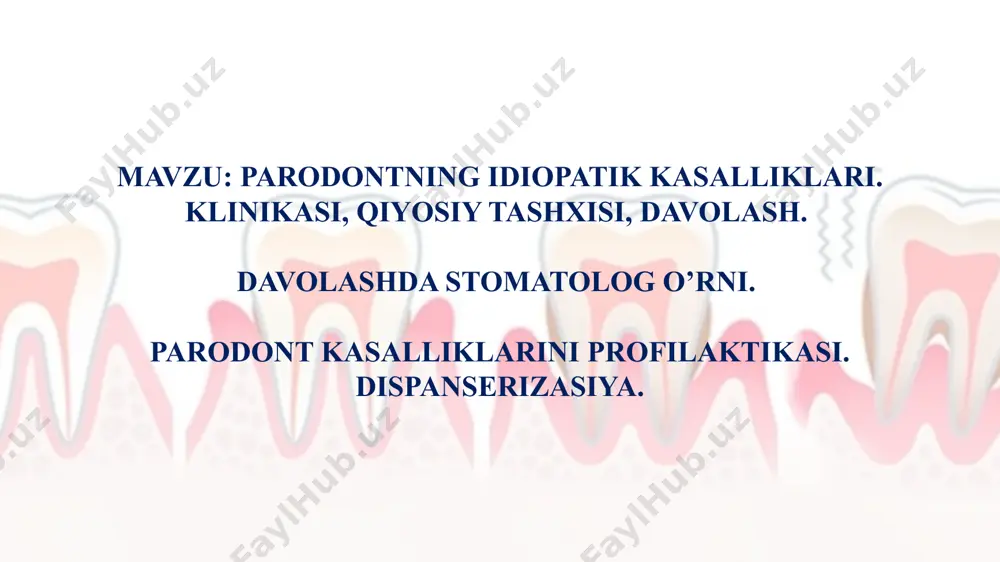 z zararlanganda) klinik belgilari klassik triada: “havoda turgan” tishlar (alveolar suyagining erishi) ekzoftalm (ko‘zlarning chiqib turishi) diabet insipidus (poliuriya, polidipsiya) gingiva: qonash, yallig‘lanish suyak rentgenida: alveolyar va bosh suyaklarida lytic o‘choqlar davolash mahalliy davolash: parodontni tozalash, antiseptiklar umumiy terapiya: kortikosteroidlar (prednizolon) og‘ir holatlarda: kimyoterapiya (vinblastin, etoposid) simptomatik davolash: diabet insipidusni korreksiya qilish (desmopressin) hand–schüller–christian sindromi (langerhans hujayrali gistiotsitozning bir turi) osler kasalligi (osler–weber–rendu sindromi, ya’ni irsiy gemorragik teleangiektaziya) etiologiyasi autosomal–dominant irsiy kasallik endotelial tomir devori zaifligi → teleangiektaziyalar va qonash tomir ichida elastik tolalarning yo‘qligi sababli qon tomirlar kengayadi bemor shikoyati og‘iz bo‘shlig‘ida tez-tez qonash burundan qon ketishi tish go‘shtidan qonash bosh og‘rishi, umumiy holsizlik (kamqonlik sababli) klinik belgilari gingiva va lablarda teleangiektaziyalar (qizil mayda tomir “to‘rlari”) gingival qonash – oddiy mexanik ta’sirda ham tishlarning asta-sekin bo‘shashishi, parodontit burundan va oshqozon–ichakdan qon ketishi (sistemik belgilar) davolash qon ketishini nazorat qilish: gemostatik dori vositalari (aminokapron kislotasi, traneksam kislotasi) mahalliy: parodontni tozalash, …