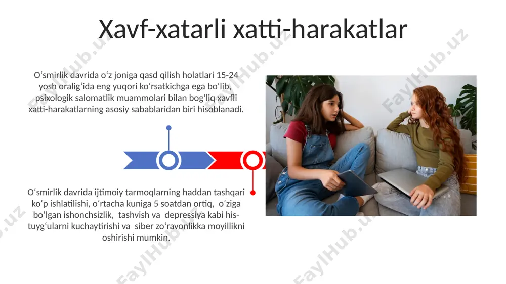 b, keyinchalik, 16-18 yoshda maqsadli bilim olishga intilish kuchayishi mumkin. ta'lim va o'qishga bo'lgan munosabat depressiya va ruhiy kasalliklar xavfi ijtimoiy izolyatsiya va tengdoshlar bosimi kabi psixososial omillar o'smirlarning 15% gacha bo'lgan qismida ruhiy kasalliklarning rivojlanishiga hissa qo'shishi mumkin. o'smirlik davrida tashxis qo'yilgan ruhiy kasalliklarning 70% dan ortig'i davolash va yordamga muhtoj bo'lib, agar davolanmasa, kattalik davriga o'tishi mumkin. o'z-o'zini anglash va o'ziga ishonch o'smirlik davrida o'z-o'zini anglashning 70% ga yaqini shaxsning ijtimoiy muhitdagi o'rni va munosabatlariga bog'liq bo'lib, o'ziga ishonchning rivojlanishiga bevosita ta'sir qiladi. o'z-o'zini qadrlash hissi o'smirlik davrida sezilarli darajada o'zgaradi va bu o'zgarishlar, kognitiv rivojlanishning metakognitsiya jarayonlari bilan chambarchas bog'liqdir. o'smirlik davrida miya rivojlanishi o'smirlik davrida miya dopamin va serotonin kabi neyrotransmitterlarning faolligining o'zgarishi hissiy jihatdan o'tkirlik, kayfiyat tebranishlari va yangi tajribalarga bo'lgan qiziqishning oshishini keltirib chiqaradi. miyada sinaptik budov (synaptic pruning) jarayoni, ya'ni keraksiz neyron aloqalarning yo'qolishi, o'smirlik davrida intensiv ravishda sodir bo'lib, miya samaradorligini oshiradi …