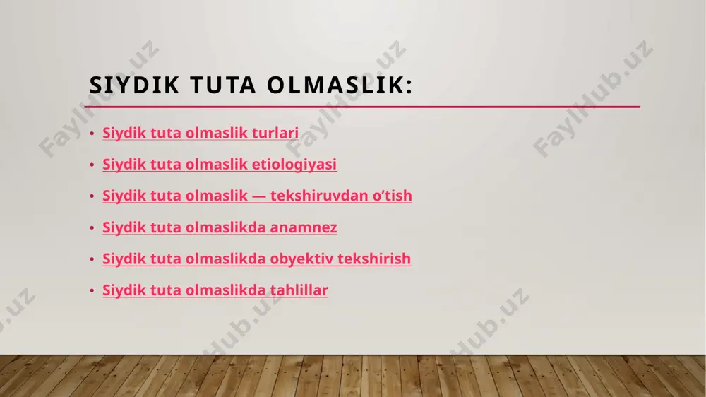 o’ladi va hojatxonaga kira olmaslik uning kuchayishiga yordam beradi. ayollarda ko’pincha qarilik davrida rivojlanadigan atrofik vaginit siydik yo’llari shilliq qavatining ingichkalashi va tirnash xususiyati va o’tkir siydik tutilmasligiga olib keladi. haddan tashqari to’lish tufayli siydik tuta olmaslik: siydikning toshib ketishi, to’lib ketgan siydik pufagi sababli bo’ladi. oqayotgan siydik miqdori odatda kichik, ammo oqim doimiy bo’lishi mumkin, natijada katta yo’qotishlarga olib keladi. qayd uchun eslatma haddan tashqari to’lish tufayli siydik tuta olmaslik erkaklarda siydik tuta olmaslikning eng keng tarqalgan turi hisoblanadi. stressda siydik tuta olmaslik: bu qorin ichi bosimining keskin ko’tarilishi (masalan, yo’tal, aksirish, kulish, egilish yoki og’ir ko’tarish tufayli) paytida siydikning oqishi. chiqib ketgan siydik miqdori odatda pastdan o’rtacha darajagacha. bu asosan tug’ruq va atrofik uretritning asoratlari sifatida rivojlanadigan ayollar orasidagi siydik tuta olmaslikning 2-turi. prostatektomiya kabi operatsiyadan keyin erkaklar zo’riqishda siydik tuta olmaslik paydo bo’lishi mumkin. qorin bo’shlig’ining siydik pufagiga bosimi tufayli semiz odamlarda stressda siydik tuta olmaslik og’irroq …