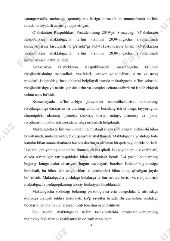 n tuyg`usi haqidagi tasavvurlarini shakllantiradi. kurs ishining predmeti: katta maktabgacha ta`lim yoshidagi bolalarning ma`naviy fazilatlarini shakllantirish usul va vositalari. kurs ishining maqsadi: katta maktabgacha ta`lim yoshidagi bolalarga ma`naviy tarbiya berishning ahamiyati, usul, vositalarini yoritib berish kurs ishining vazifalari: 1.maktabgacha ta`lim tashkilotlarida ma`naviy tarbiyani amalga oshirishding muhimligini ochib berish. 2. katta maktabgacha yoshdagi bolalarni ma`naviy fazilatlarini shakllantirishning nazariy asoslari va metodlarini yoritish. i.bob. maktabgacha tarbiya yoshida ma’naviy tarbiyaning o‘rni va ahamiyati. 1.1. globallashub davrida ma`naviy-axloqiy tarbiya masalalari. mamlakatimizda ma’naviy-ma’rifiy ishlarni tizimli tashkil etish, bu borada amalga oshirilayotgan chora-tadbirlarning samaradorligini oshirish, aholi, ayniqsa yoshlarning intellektual salohiyati, ongu tafakkuri va dunyoqarashini yuksaltirish, mafkuraviy immunitetini mustahkamlash, vatanparvarlik, xalqqa muhabbat va sadoqat tuyg‘usi bilan yashaydigan barkamol avlodni tarbiyalashga alohida e’tibor qaratilmoqda. shu bilan birga, jahonda g‘oyaviy-mafkuraviy kurashlar keskin davom etayotgan, ma’naviy tahdidlar kuchayib borayotgan hozirgi davrda yoshlar o‘rtasida milliy qadriyatlarga bepisandlik, zararli yot g‘oyalar ta’siriga berilish, jinoyatchilik va ekstremizm harakatlariga adashib qo‘shilib qolish holatlari hamon …