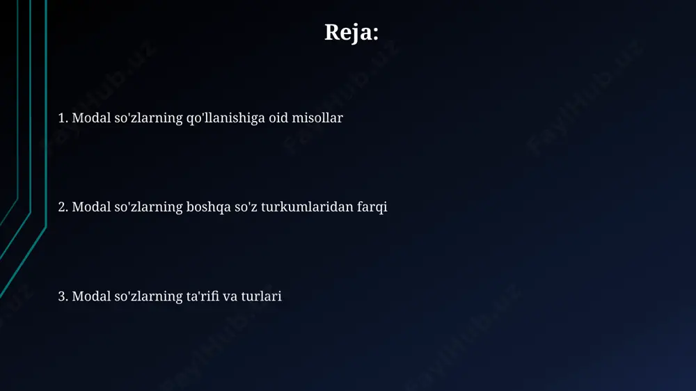 , imkoniyat yoki ruxsat. kontekst ularning aniq ma'nosini aniqlashda muhim rol o'ynaydi. modal soʻzlarning sinonimlari ba'zi modal soʻzlarning sinonimlari ularning grammatik vazifasiga ham ta'sir qilishi mumkin; masalan, "qila olasanmi?" o'rniga "qila olasizmi?", "qila olarmidingiz?" yoki "qodirsizmi?" kabi 3 ta variantdan foydalanib, hurmat darajasini o'zgartirish mumkin. "kerak" modal soʻzini ifodalashda "zarur", "lozim", "majbur" kabi sinonimlar mavjud boʻlib, ularning qoʻllanilishi kontekstga va gapdagi maʼno ohangiga bogʻliq – masalan, "zarur" soʻzi rasmiyroq uslubda ishlatiladi. modal soʻzlarning qoʻllanishi modal so'zlarning jumladagi o'rni ham muhim: ular odatda fe'ldan oldin keladi va yordamchi fe'l vazifasini o'taydi. ularning qo'llanishi jumlaning ma'nosini sezilarli darajada o'zgartirishi mumkin, jumla tuzilishini 1-2 so'zga qisqartirish yoki kengaytirish orqali. ba'zi modal so'zlar, masalan, "maqbul", "lozim", faqat bir xil shaklda, boshqa so'zlar esa (masalan, "mumkin", "kerak") fe'lning shaxs va soniga qarab o'zgaradi. bu ularning grammatik vazifasini aniqlashga yordam beradi. modal soʻzlarning ta'rifi modal soʻzlar fe'lning ma'nosini toʻldiruvchi, 12 tagacha boʻlgan qoʻshimcha ma'nolarni ifodalovchi, gapdagi …