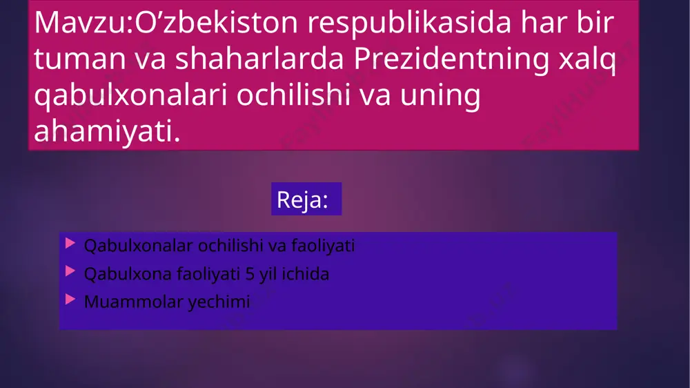ashkil etish hamda kelib tushayotgan murojaatlar bo'yicha tezkorlik bilan tegishli chora-tadbirlarni ko'rish orqali nazorat qilish va muvofiqlashtirish; - xalq qabulxonalariga va virtual qabulxonaga kelib tushgan, shuningdek tegishliligiga ko'ra davlat organlari va xo'jalik boshqaruvi organlariga yuborilgan murojaatlarni qabul qilish, qayta ishlash, ko'rib chiqish va ular bo'yicha qarorlar qabul qilinishi ustidan tizimli monitoring va nazoratni amalga oshirish; - mazkur sohadagi huquqbuzarliklarning oldini olish va profilaktikasi, aybdor shaxslar javobgarligining muqarrarligini ta'minlashga doir chora-tadbirlarni ishlab chiqish; - murojaatlarga asos bo'lgan tizimli qonunbuzarliklarning sabab va shart-sharoitlarini aniqlash yuzasidan doimiy tahlillar o'tkazish; - murojaatlar bilan ishlashni yanada takomillashtirish, fuqarolar bilan ochiq muloqotni kengaytirish, aholining davlat organlari va xo'jalik boshqaruvi organlariga bo'lgan ishonchini mustahkamlashga doir chora-tadbirlarni ishlab chiqish va amalga oshirish; - xalq qabulxonalari kadrlar tarkibini aholi bilan bevosita ishlash uchun zarur bilimga, tashkilotchilik va tahlil qilish qobiliyatiga, shuningdek ma'naviy-axloqiy va psixologik fazilatlarga ega bo'lgan yuqori malakali mutaxassislar bilan shakllantirish, to'ldirish va mustahkamlab borish; - davlat organlari …