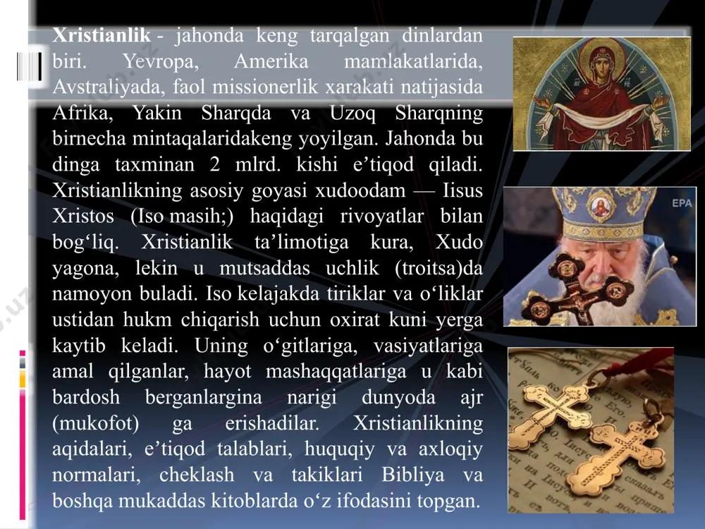 a va aqsh da keng taeqalgan. katolik ta’limoti xrtistian dinining yo’nalishlaridan biri sifatida uning asosiy aqidalarini va udumlarini tan oladi, biroq diniy ta’limotida bir qator o’ziga xos xususiyatlar bor. xristianlik dinida yana bir qator oqimlari mavjud. ular: protestantlik lyuteranlik kalvinizm kongregatsionalistlar presviterianlik batizm pratestantlik – xristianlikning yirik yo’nalishlaridan biri bo’lib u bir qator yevropa mamlakatlarida o’rta asrlar katolitsizmida vujudga kelgan reformatsiya (lot. reformatio -o’zgarish, tuzatish) va islohatchilar tomonidan bibliya g’oyalaridan chekinish, deb izohlangan jarayonlarga munosabat sifatida yuzaga kelgan. buddizm (budda nomidan olingan), buddaviylik — jahonda keng tarqalgan dinlardan biri (xristianlik va islom dini bilan birga). unga eʼtiqod qiluvchilar taxminan 500 mln.dan ortiq. miloddan avvalgi 6—5-asrlarda hindistonda paydo boʻlgan. markaziy osiyo, janubiy-sharqiy osiyo mamlakatlarida va uzoq. sharqda tarqalgan. hozirgi kunda buddizm shri lanka, myanma (birma), tailand, laos, kamboja, vyetnam, tibet, butan va yapokabi davlatlarning asosiy dinidir. buddizm muayyan tarixiy davrlarda xitoy, hindiston, koreya va indoneziyada, deyarli butun osiyo xalqlari, yaʼni jahonning …