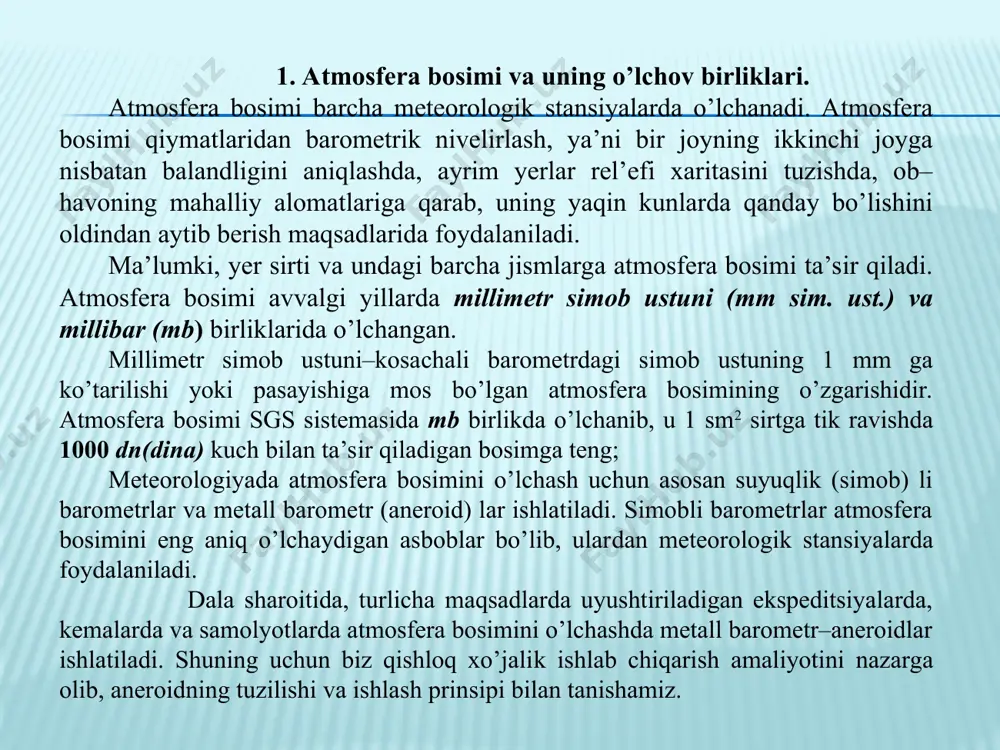 icha a dan iborat. bu qutichadan havo so’rib olingan (qutichaning ichidagi havo bosimi 102 mm. sim. ust. dan ham kam). atmosfera bosimi qutichani ezib yubormasligi uchun qutichaning qopqog’i kuchli б prujina bilan yuqoriga tortib qo’yilgan. atmosfera bosimi ortganda qopqoq pastga bukiladi va prujinani tortadi. bosim kamayganda prujina qopqoqni yuqoriga ko’tarib to’g’rilaydi. chunki, qutichaning tagi qo’zg’almas qilib mahkamlangan, shuning uchun qutichaning bukilishi va kengayishi faqat ustki sirtining ko’chishlari tufayli vujudga keladi. quticha qopqog’ining bunday kuchsiz tebranishlari richaglar tizimi vositasida kuchaytirilib, strelka в ga uzatiladi, strelka atmosfera bosimi o’zgarganda shkala ustida o’ngga yoki chapga og’adi. strelkaning tagiga o’rnatilgan shkaladagi bo’limlar qiymati simobli barometrning ko’rsatishlariga moslangan, shuningdek, shkalasi bevosita paskallarda ifodalangan aneroidlar ham mavjud. aneroidning sirtiga asbob temperaturasini o’lchash uchun yoysimon termometr o’rnatilgan va aneroid mexanizmi, oynali qopqog’i bor plastmassa yoki metalli korpusga joylashtirilgan. prujinasi yo’q aneroidlar ham mavjud bo’lib, ularda prujina rolini qutichaning elastik qopqoqlari bajaradi. bunday aneroidlarning qabul qiluvchi qismi 5-6 …