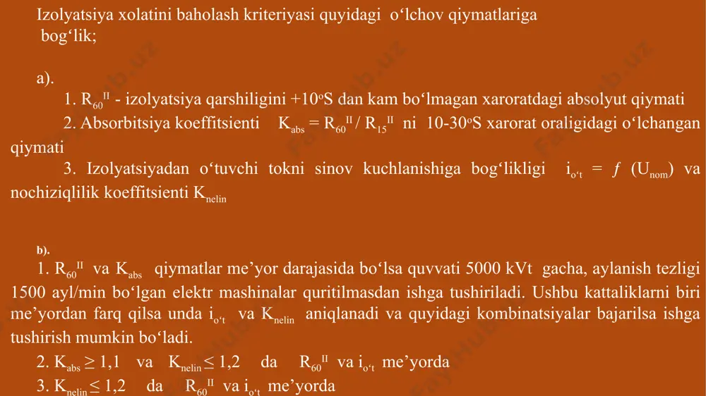 boriladi. elektr mashinalarni ekspluatatsiya qilish jarayonida sifat koʻrsatkichlarini yomonlashishini tezroq aniqlash va buning oqibatida uni ishdan chiqishini oldini olish maqsadida profilaktik sinovlar oʻtkaziladi. elektr mashinalarni qabul qilishga va ishga tushirishga xulosa sinov natijalari, qurilmani kompleks tekshiruv va ikkilamchi qurilmalarni sozlash ishlari natijalariga qarab beriladi. sinov savollari: 1.asinxron dvigatelning qabul qilish-topshirish dasturi xajmi nechta punktdan, sinxron dvigatelniki nechta punktdan va oʻzgarmas tok dvigatelniki nechta punktdan iborat boʻladi, asinxron dvigatelni qabul qilish-topshirish dasturini xajmini yoritib bering. 2. elektr jixozlarni ekspluatatsiya qilish davridagi koʻriklarda nimalarga e’tibor qartiladi ? 3. elektr jixozlarda birlamchi koʻrik qachon oʻtkaziladi va unga qanday vazifalar qoʻyilgan ? 4. elektr mashinasini sinovdan oʻtkazishdan oldingi koʻrikda nimalarga e’tibor qaratiladi ? 5. izolyatsiya xolatiga baho berish kriteriyalarini tushintirib bering ? 6. elektr mashinalarni izolyatsiyasini quritmasdan ishga tushirish qaysi kattaliklarga bog’lik ? 7. ioʻt - oʻtuvchan tok qiymatini oʻlchash usulini tushintirib bering ? 8. knelin – nochiziqlilik koeffitsientni qiymatini aniqlashni tushintirib bering ? …