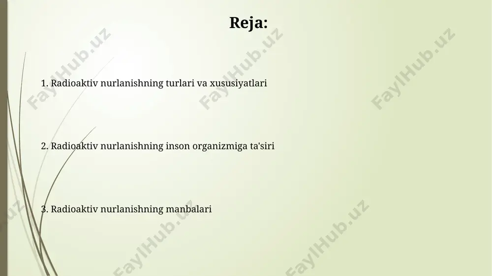 eta va gamma nurlanishlar bo'lib, ularning ionlashtiruvchi qobiliyati va o'tkazuvchanligi jihatidan farq qiladi; alfa zarralari eng kam o'tkazuvchan, gamma nurlanishi esa eng yuqori o'tkazuvchanlikka ega. beta nurlanishi elektronlar yoki pozitronlar oqimidan iborat bo'lib, ularning energiyasi 0,02 mev dan 3 mev gacha o'zgarib turadi va qalinligi bir necha millimetr bo'lgan alyuminiy qatlami bilan to'xtatiladi. nurlanishning inson organizmiga ta'siri nurlanishning yuqori dozalarida (500 msv dan yuqori) qon hujayralari hosil boʻlishining susayishi, qusish, diareya va soch toʻkilishi kabi oʻtkir nurlanish kasalligi alomatlari kuzatiladi. 100 msv dan kam nurlanish dozalarida organizm o'z-o'zini tiklash mexanizmlari faollashadi va sezilarli salbiy ta'sirlar kuzatilmaydi, ammo uzoq muddatli ta'sirlarni istisno qilib bo'lmaydi. nurlanish manbalari sun'iy nurlanish manbalari tibbiyotda (rentgenografiya, radioterapiya) va sanoatda (radioaktiv izotoplar qo'llanilishi) keng qo'llaniladi, bu esa qo'shimcha nurlanish dozasiga olib kelishi mumkin. o'rtacha yillik dozasi 0,2 msv atrofida. nurlanishning tabiiy manbalari, masalan, kosmik nurlar va yer qobig'idagi radioaktiv elementlar (masalan, uran, torium) yillik o'rtacha 2,4 msv …