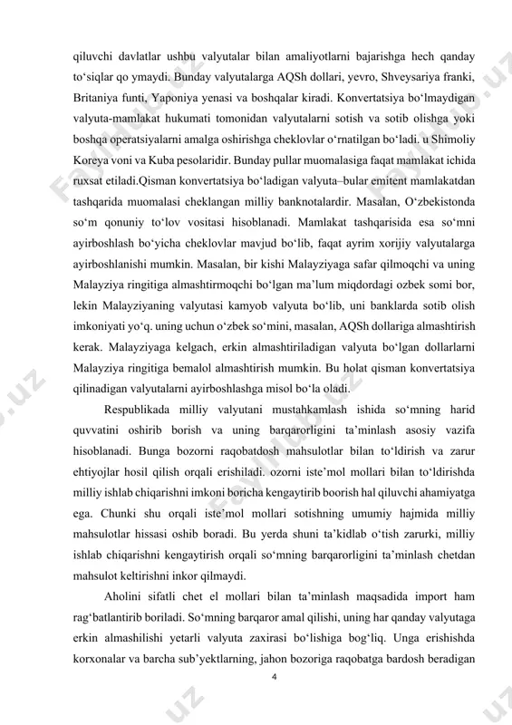 alar bilan amaliyotlarni bajarishga hech qanday to‘siqlar qo ymaydi. bunday valyutalarga aqsh dollari, yevro, shveysariya franki, britaniya funti, yaponiya yenasi va boshqalar kiradi. konvertatsiya bo‘lmaydigan valyuta-mamlakat hukumati tomonidan valyutalarni sotish va sotib olishga yoki boshqa operatsiyalarni amalga oshirishga cheklovlar o‘rnatilgan bo‘ladi. u shimoliy koreya voni va kuba pesolaridir. bunday pullar muomalasiga faqat mamlakat ichida ruxsat etiladi.qisman konvertatsiya bo‘ladigan valyuta–bular emitent mamlakatdan tashqarida muomalasi cheklangan milliy banknotalardir. masalan, o‘zbekistonda so‘m qonuniy to‘lov vositasi hisoblanadi. mamlakat tashqarisida esa so‘mni ayirboshlash bo‘yicha cheklovlar mavjud bo‘lib, faqat ayrim xorijiy valyutalarga ayirboshlanishi mumkin. masalan, bir kishi malayziyaga safar qilmoqchi va uning malayziya ringitiga almashtirmoqchi bo‘lgan ma’lum miqdordagi ozbek somi bor, lekin malayziyaning valyutasi kamyob valyuta bo‘lib, uni banklarda sotib olish imkoniyati yo‘q. uning uchun o‘zbek so‘mini, masalan, aqsh dollariga almashtirish kerak. malayziyaga kelgach, erkin almashtiriladigan valyuta bo‘lgan dollarlarni malayziya ringitiga bemalol almashtirish mumkin. bu holat qisman konvertatsiya qilinadigan valyutalarni ayirboshlashga misol bo‘la oladi. respublikada milliy …