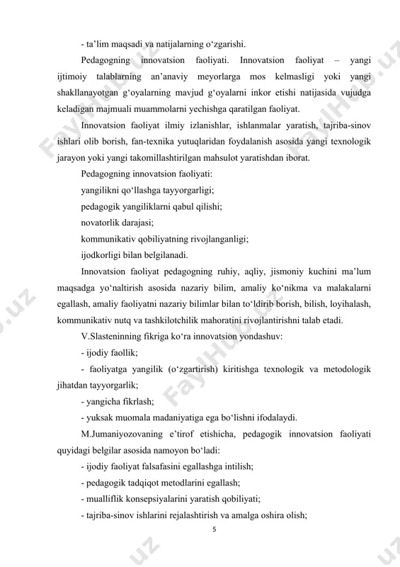 on faoliyat ko‘nikma, malakalarining o‘zlashtirilishi ularda innovatsion yondashuvni qaror topishi asosida kechadi. pedagoglarda innovatsion yondashuvning qaror topishi ham murakab jarayon bo‘lib, u bir necha bosqichda kechadi. ya’ni: 1-bosqich: tayyor metodik tavsiyanoma (mavjud innovatsiya)lardan foydalaniladi. 2-bosqich: mavjud tizimga yangi g‘oyalarni, metodlarni kiritadi. 3-bosqi: yangi g‘oyani amalga oshirish mazmuni, shakl va metodlarini tizimlashtiradi. 4-bosqich: pedagog o‘qitish va tarbiyalashga oid o‘z konsepsiyasi yoki metodikasini yaratadi. shaxsga yo‘naltirilgan ta’lim turlari. zamonaviy sharoitda ta’lim jarayonining barcha imkoniyatlariga ko‘ra shaxsni rivojlantirish, ijtimoiylashtirish va unda mustaqil, tanqidiy, ijodiy fikrlash qobiliyatlarini tarbiyalashga yo‘naltirilishi talab qilinmoqda. o‘zida ana shu imkoniyatlarni namoyon eta olgan ta’lim shaxsga yo‘naltirilgan ta’lim deb nomlanadi. ushbu ta’lim pedagog va talaba o‘rtasidagi o‘zaro munosabat hamkorlik va tanlash erkinligiga asoslanib, talabani qadriyat sifatida e’tirof etilishini uchun sharoit yaratadi. odatda shaxsga yo‘naltirilgan ta’lim texnologiyalarining quyidagi turlari farqlanadi: 1. modul tt. 2. muammoli tt. 3. interfaol tt. 4. individual tt. 5. masofaviy tt. 6. kompyuter tt. 7. hamkorlik tt. …
