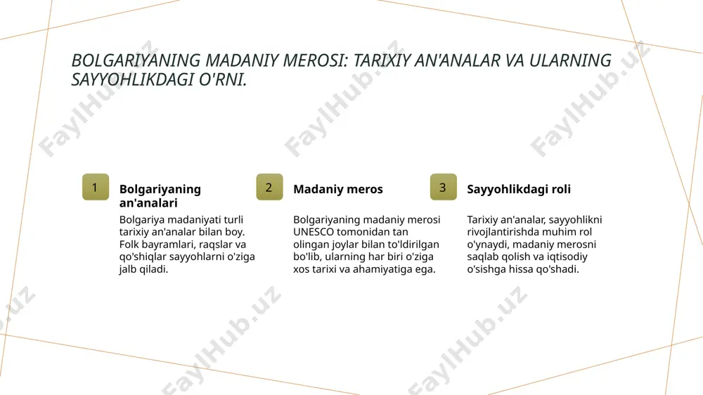ar davomida urf-odat va an'analarni meros qilib olgan. 03 o'tmish va kelajak tarixiy joylar, bolgariyaning o'ziga xosligini ifodalaydi. ular nafaqat o'tmishni, balki zamonaviy tadbirlarda kelajakni ham belgilaydi. 04 sayyohlik rivoji tarixiy joylar orqali sayyohlik rivoji, iqtisodiy o'sishga va madaniy almashuvga yordam beradi, bu esa bolgariyaning global turizmda o'rnini mustahkamlaydi. bolgariyaning tabiiy go'zalliklari: qishloq va tog' sayohatlari imkoniyatlari. 1 qishloq sayohati - bolgariya qishloqlari, an'anaviy hayot tarzini saqlab qolgan holda, sayyohlar uchun qiziqarli tajribalar taqdim etadi. tabiiy go'zalliklar va madaniy merosni o'rganish imkoniyati mavjud. 2 tog' sayohatlari - bolgariyaning toglari, masalan, rila va pirin, sayyohlar uchun turli xil sayohat va faoliyatlarni taklif etadi. qishloq joylarida yurgan sayohatchilar, muhteşem manzaralar bilan tanishishadi. 3 ekologik turizm - bolgariyada ekologik turizm rivojlanmoqda. milliy parklar va tabiat rezervlari, tabiiy resurslarni saqlashga qaratilgan faoliyatlar orqali sayyohlar uchun yangi imkoniyatlar yaratadi. milliy parklar va ularning sayyohlik uchun ahamiyati: bolgariyaning yashil xazinalari. 1 milliy parklar bolgariyada 11 ta …