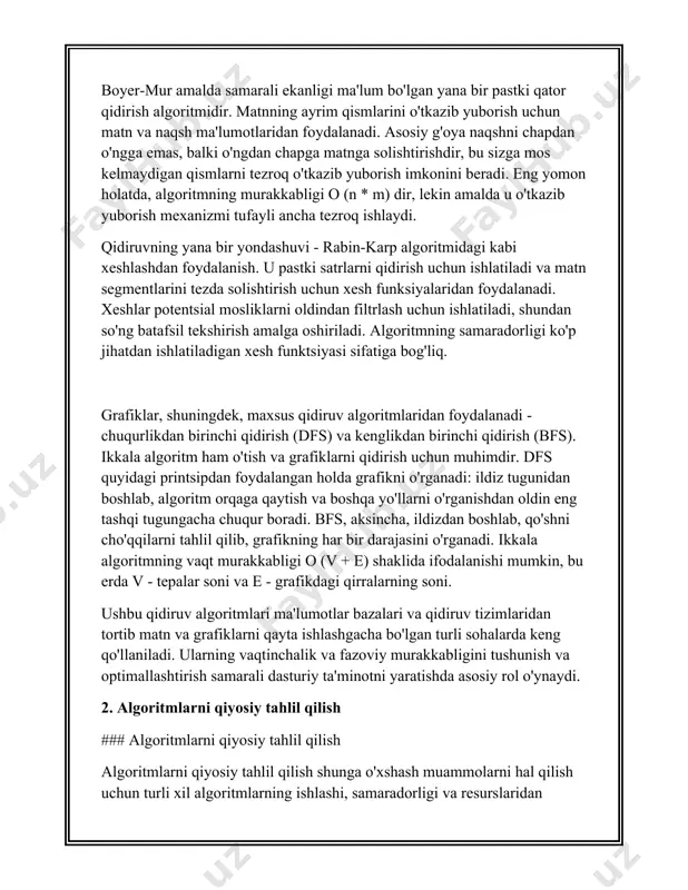 g o‘lchami bilan eksponent ravishda ortib boruvchi algoritmlar. misol: barcha quyi tarmoqlarni sanash algoritmi. #### fazoviy murakkablik kosmik murakkablik algoritmga kirish ma'lumotlarining hajmiga qarab vazifani bajarish uchun qancha xotira kerakligini ko'rsatadi. bu quyidagilarga bog'liq bo'lishi mumkin: - ** qarshilik qiluvchi xotira: ** kirish ma'lumotlarining hajmidan qat'i nazar, xotira band bo'ladi. - **bog'liq xotira:** kirish ma'lumotlarining hajmiga bevosita bog'liq bo'lgan xotira. misollar: ikki tartibli massivni birlashtirish uchun odatda ularning umumiy hajmiga mutanosib qo'shimcha xotira kerak \(o(n+m)\). #### amaliy samaradorlik amaliy samaradorlik quyidagi omillar tufayli nazariy samaradorlikdan farq qilishi mumkin: - **protsessor optimallashtirish** va **keshdan foydalanish:** ba'zi algoritmlar keshdan samarali foydalanadi, bu esa ularning bajarilishini tezlashtiradi. - **paralellik:** ko'p bosqichli hisoblash uchun optimallashtirilgan algoritmlar ko'p protsessorli tizimlarda bajarish vaqtini sezilarli darajada qisqartirishi mumkin. #### taqqoslash misollari 1. **saralash**: - **bubble sort:** vaqt murakkabligi \( o(n^2) \), oddiy amalga oshirish. - **birlashtirish saralash:** vaqt murakkabligi \( o(n \log n) \), qo'shimcha xotira talab …