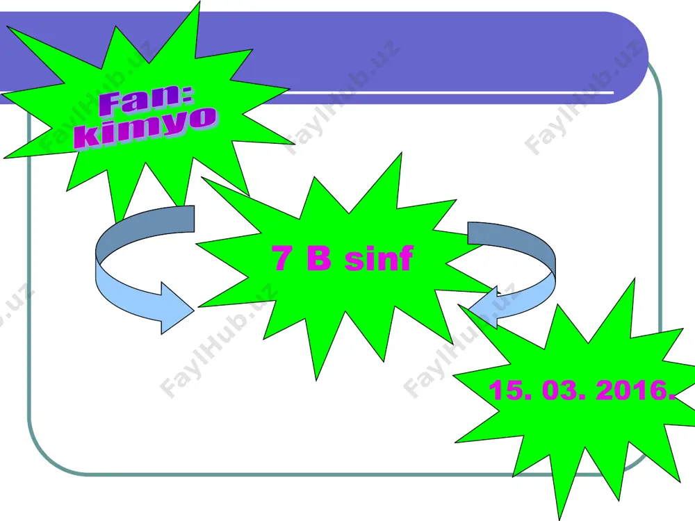 shtir. na + h2o = ca + h2o = kislotalarning tarkibi, formulasi kislotalarning grafik tasviri, tuzilishi 3. kislotalarning nomlanishi. 4. kislotalarning toifalanishi. a) kislorodli kislotalar b) kislorodsiz kislotalar kislotalar deb metall atomlariga o`z o`rnini bera oladigan vodorod atomlari va kislota qoldig`idan iborat murakkab moddalarga aytiladi. kislotalarning umumiy formulasi hnk tarzida ifodalanadi: kislotalar tarkibidagi vodorod atomlari soni kislota qoldig`ining valentligiga son jihatdan teng bo`ladi, chunki vodorod bir valentlidir. kislotalar kislota nomi kislota formulasi kislota qoldig`i formulasi kislota qol. nomi ftorid hf f ftorid xlorid hcl cl xlorid bromid hbr br bromid yodid hj j yodid sulfid h2s = s sulfid sulfat h2so4 = so4 sulfat nitrat hno3 - no3 nitrat ortofosfat h3po4 = po4 ortofosfat xromat h2cro4 = cro4 xromat kislotalar bir negizli uch negizli ikki negizli bir negizli kislotalar hcl, hbr, hno3, hf, hj, hcn, hno2 ikki negizli kislotalar h2so4, h2co3, h2s, h2so3, h2cro4 h2cr2o7 h3aso4, h3po4, h3bo3, h3aso3 uch …