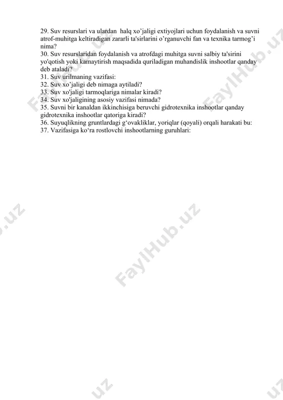 gruntdan qurish mumkin? 22. qalin betonli gidrotexnika inshootlari qanday nomlanadi? 23. qanday inshoot elementi bilan kanaldagi suv sathi yoki suv sarfi boshqariladi? 24. qaysi inshoot kanal suv sarfini proporsional ravishda tarmoqlarga bo’lib beradi? 25. qurilish me'yorlariga ko’ra gidrotexnika inshootlari nechta sinfga bo’linadi? 26. quyidagi gruntlardan qaysi biri teskari filtr uchun yaroksiz? 27. rostlovchi inshoot poydevor qismining nomlanishi: 28. suv resurslari deb nimaga aytiladi? 29. suv resurslari va ulardan halq xo’jaligi extiyojlari uchun foydalanish va suvni atrof-muhitga keltiradigan zararli ta'sirlarini o’rganuvchi fan va texnika tarmog’i nima? 30. suv resurslaridan foydalanish va atrofdagi muhitga suvni salbiy ta'sirini yo'qotish yoki kamaytirish maqsadida quriladigan muhandislik inshootlar qanday deb ataladi? 31. suv urilmaning vazifasi: 32. suv xo’jaligi deb nimaga aytiladi? 33. suv xo'jaligi tarmoqlariga nimalar kiradi? 34. suv xo'jaligining asosiy vazifasi nimada? 35. suvni bir kanaldan ikkinchisiga beruvchi gidrotexnika inshootlar qanday gidrotexnika inshootlar qatoriga kiradi? 36. suyuqlikning gruntlardagi g‘ovakliklar, yoriqlar (qoyali) orqali harakati bu: 37. …