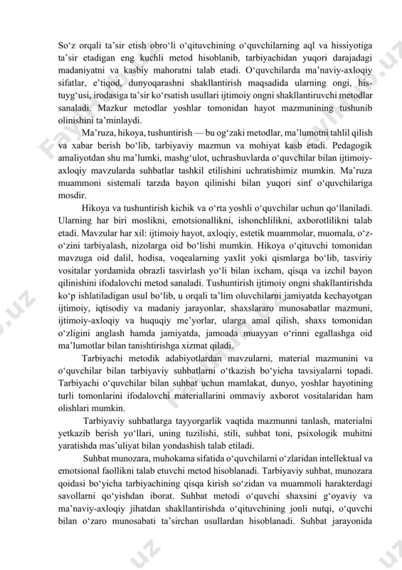 yicha ajratish mumkin, lekin shaxs qismlar bo‘yich a emas, balki bir butun holda shakllanadi, nimagaki ong, munosabatlar, xulq, atvor har qanday holatda mo‘ljalli va tasodifiy harakatlar ta’sirida butunlikda shakllanadi. psixologiyada ong va faoliyat birligi prinsipi mavjud, ya’ni ong faoliyatda shakllanadi. birinchi guruh metodlarining asosiy vazifasi tarbiyalanuvchilarda munosabatlarni, yo‘nalganlikni, ishonch va qarashlarni shakllantirish hisoblanadi. bular asosida xulq-atvor normalari, ijtimoiy qadriyatlar to‘g‘risidagi bilimlar yotadi. birinchi navbatda insonni ishonchi uning xatti-harakatlarida ifodalanadi. ikkinchi guruh metodlari tarbiyani faoliyatda amalga oshishi prinsipiga amal qilishni talab etadi. shaxsda u yoki bu sifatlarni sharoit yaratmasdan shakllantirib bo‘lmaydi. pedagoglarni vazifasi ana shunday sharoitlarni hosil qilish hisoblanadi. uchinchi guruh metodlri yordamida pedagoglar va tarbiyalanuvchilarni o‘zlari o‘z xatti-harakatlarini nazorat qilib, tarbiyalanuvchilarni faoliyat motivlariga ta’sir etadilar. nazorat va o‘z-o‘zini nazorat qilish metodlari tarbiya natijalarini baholashga va tahlil etishga yo‘naltirilgan bo‘lib, tarbiyalanuvchilarni shakllanashiga ta’sir etadi. agar tarbiya natijalari tarbiyalanuvchilar bilan birga tahlil etilsa, samaradorlilikka erishiladi hamda ularni o‘z-o‘zini tarbiyalashi stimullashadi. tarbiya metodlari …