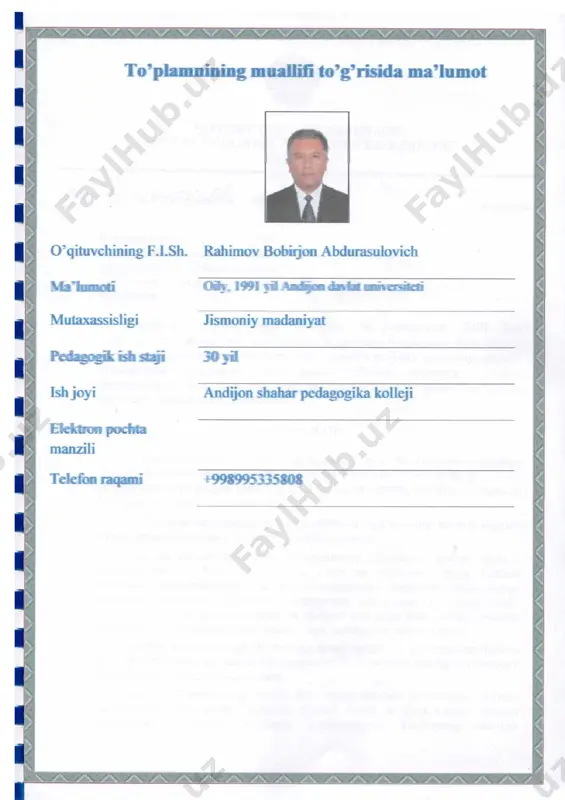i va o’tkazadi; · ochiq havodagi jismoniy mashqlarni tashkil etad va o’tkazadi; · ish beruvchining taklif va talablari asosida fanning o‘qitilishini inobatga oladi; · kasbiy ko‘nikmalarni egallash va pedagogik amaliyotda qo‘llaydi; · o‘zlashtirilgan bilimlar bo‘yicha tajribalar o‘tkaza oladi, mustaqil ijodiy fikrlashga o‘rgatadi. bilimlar · maktabgacha yoshdagi bolalarni jismoniy tarbiyalashning maqsad va vazifalarini; · “o‘zbekistonrespublikasining ilk va maktabgacha yoshdagi bolalar rivojlanishiga qoyiladigan davlat talablari”ni; · “ilk qadam” davlat o‘quv dasturidagi jismoniy rivojlanish va sog‘lom turmush tarzini shakllanishi soha kompetensiyalarini; · turli yosh guruhlarda jismoniy rivojlanishva sog‘lom turmush tarzini shakllantirish bo’yicha ta’limiy tarbiyaviy faoliyatni rejalashtirish va tashkil etishni; · maktabgacha ta’lim tashkilotlarida o‘tkaziladigan saflanish qayta saflanish, asosiy harakat mashqlari-sakrash, emaklash, tirmashib chiqish, uloqtirish va muvozanatni saqlash mashqlarini; · buyumlar va buyumlarsiz o‘tkaziladigan umurivojlntiruvchi mashqlarni; · harakatli o‘yinlarni rejalashtirish va o‘tkazish, o‘zbek milliy va sport elementi bo‘lgan o‘yinlarni; · jismoniy tarbiya mashg’ulotlarini o‘tkazishni; · sog‘lomlashtiruvchi tadbirlarni tashkil etishni; · jismoniy tarbiya ishlarini hisobga …