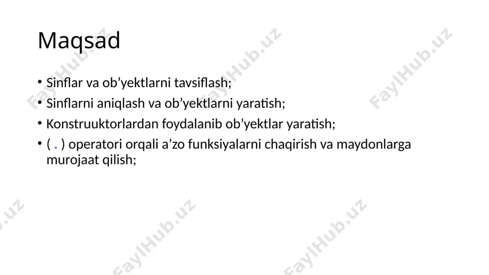 irklning radiusini 100 ga o’zgartirib, uning yangi radiusi va yuzasini ekranga chiqariladi. listing 9.1 testcircle.cpp listing 9.1 testcircle.cpp listing 9.1 testcircle.cpp natija 4. konstruktorlar konstruktor ob’yekt yaratilayotganda chaqiriladi. konstruktorlar uchta o’ziga xoslikka ega bo’lgan funksiyaning maxsus turi. bu o’ziga xosliklar quyidagilar: konstruktorlar sinf nomi bilan bir xil bo’lishi shart. konstruktorlar qiymat qaytarmaydi, void ham bo’lmaydi. konstruktorlar ob’yekt yaratilayotganda chaqiriladi. konstruktorlar ob’yektlarni initsializatsiya qilishda muhim rol o’ynaydi. 4. konstruktorlar boshqa funksiyalar singari konstruktorlar ham qayta yuklanadi. konstruktor oldidan void kalit so’zini qo’yish umumiy xatolikka olib keladi. misol uchun, void circle() { } konstruktorlar ma’lumot maydonlarni initsializatsiya qiladi. 4. konstruktorlar sinfda konstruktor argumentlarsiz kelishi ham mumkin. bunday konstruktorlarga argumentsiz konstruktorlar deyiladi. sinf konstruktorsiz ham bo’lishi mumkin. bu holatda argumentsiz konstruktor bo’sh tana bilan avtomatik ravishda aniqlanadi. bunday konstruktor “jimlik qoidasiga ko’ra” konstruktor deyiladi(default constructor). 4. konstruktorlar ma’lumotlar maydoni konstruktorda initsializatsiyalovchi ro’yxat(initializer list) orqali initsializatsiyalanadi. sintaksisi quyidagicha: sinfnomi(parametrlarro’yxati) :malumotmaydoni1(qiymat1), malumotmaydoni2(qiymat2) //init-chi ro’yxat { …