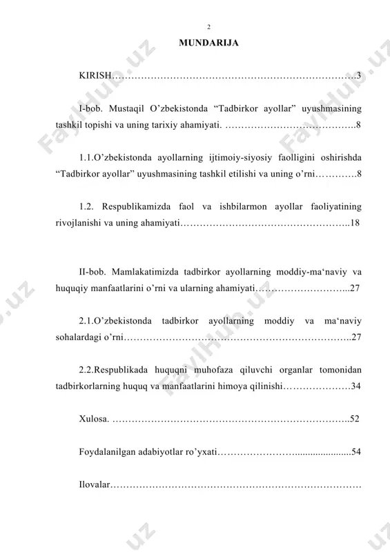 oshirishning eng muhim shartlaridan bo’lib kelmoqda. bu masala hozirgi paytda dolzarb muammo hisoblanadi. fuqarolik jamiyati qurish, uni demokratlashtirish hamda modernizatsiyalash va barcha jabhalarda qonun ustuvorligini ta‘minlash g’oyasini shakllantirishning asosiy tamoyillari prezident islom karimov asarlarida aniq-ravshan belgilab berilgan. mazkur g’oya negizida teng huquqlilik tamoyillarining to’laligicha kafolatlanganligi respublikaning salkam 13 millionga yaqin xotin-qizlari manfaatiga to’liq mos tushadi. shuningdek, islom karimovning respublikadagi xotin qizlar tashkilotlari faoliyatini ayollar manfaatlarining amaldagi haqiqiy ifodachisi va himoyachisiga, biz barpo etayotgan erkin fuqarolik jamiyatining tom ma‘nodagi uzviy bir qismiga aylantirish borasidagi da‘vati yurtimizda xotin-qizlarga bo’lgan hurmat hamda katta ishonchning yana bir ifodasidir. chunki yurtboshimiz ta‘kidlaganidek: “jamiyatning demokratik o’zgarishlar yo’lidan nechog’li ilgarilab ketgani, shu jamiyatning ayollarga bo’lgan munosabati uning madaniy-ma‘naviy saviyasini belgilaydi”1. islohotlarni amaliyotga tadbiq etishda respublika aholisining 51,2 foizini faol mehnat resurslarining 47,8 foizini tashkil etuvchi xotin qizlarning tobora faollashib borayotganligi mustaqillik xotin-qizlarning ijtimoiy-siyosiy faolligini oshirishga ulkan imkoniyatlar ochib berganligini, bu ulug’ ne‘mat ayolning oila va jamiyatda o’z …